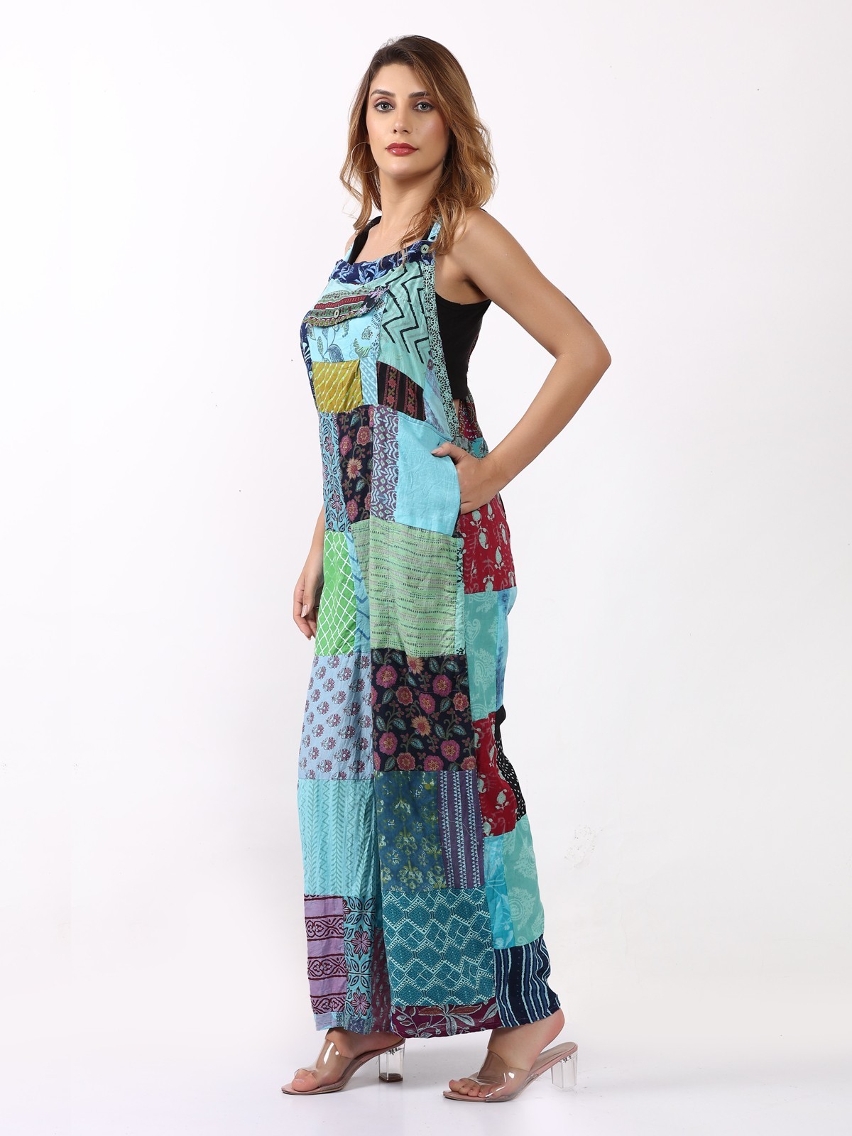 Women's Casual Patchwork Pocket Wide Leg Floral Print Rompers Jumpsuit Dress