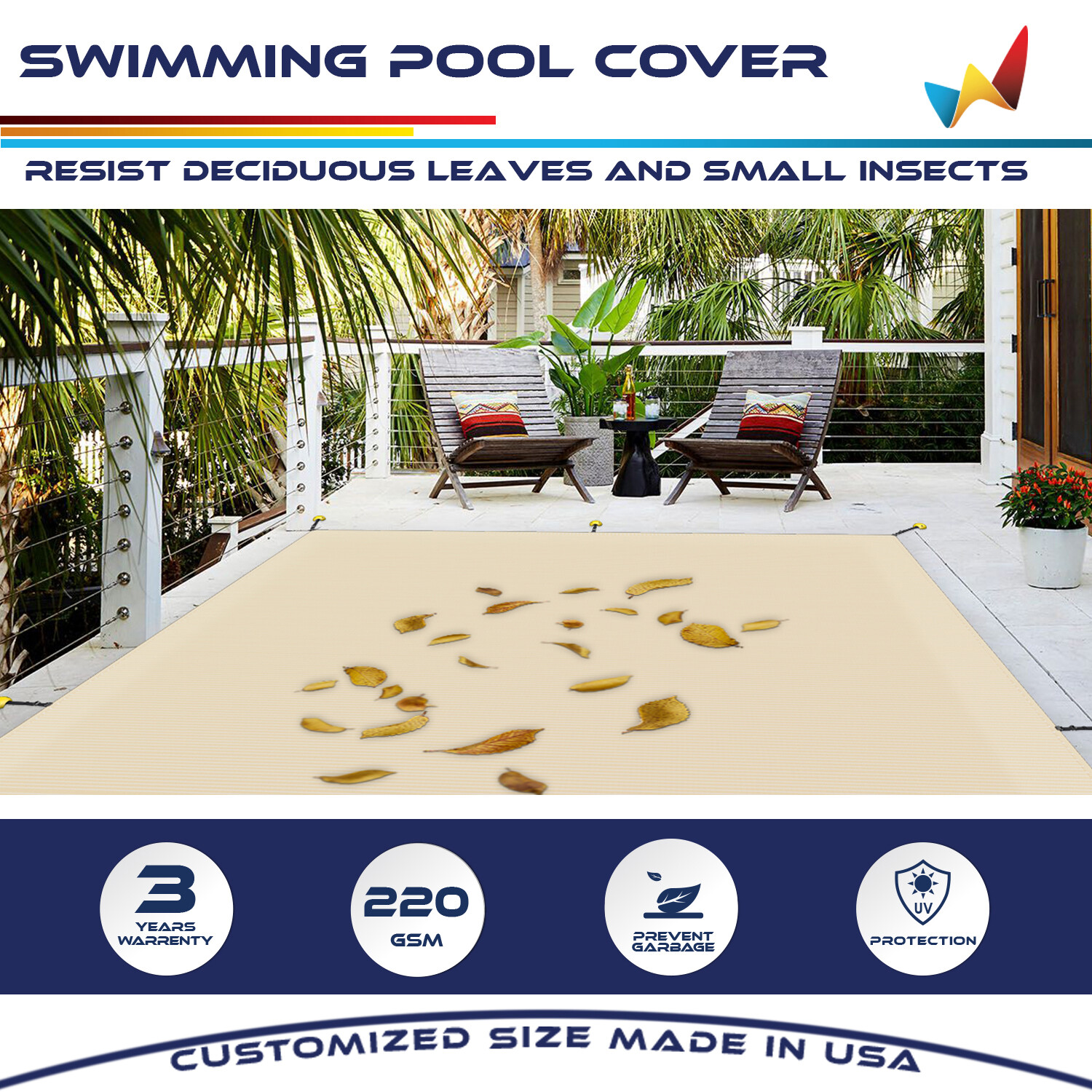 Inground Swimming Pool Cover Rectangle Heavy Duty Safety Winter Mesh Cover Beige