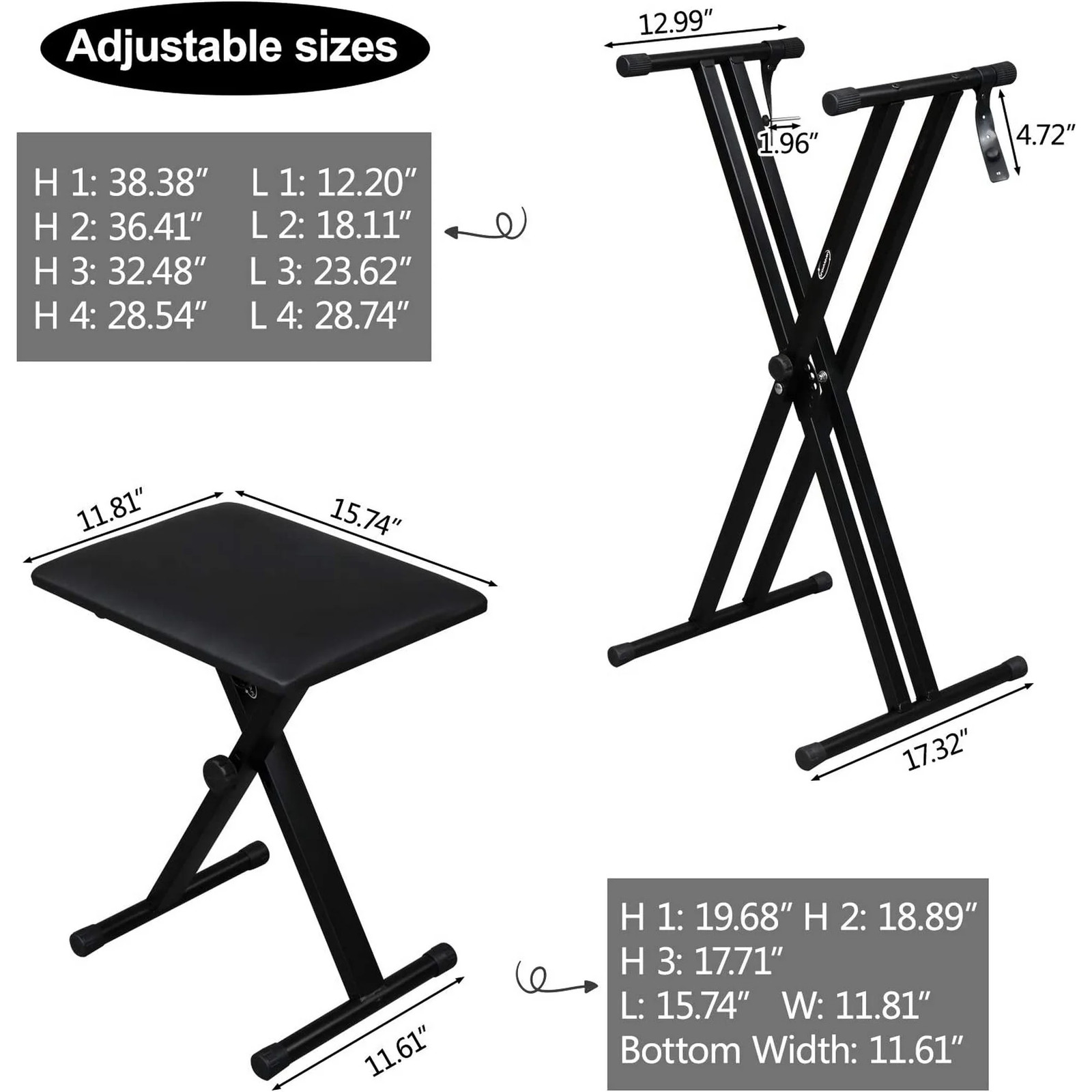 Double X Keyboard Bench and Stand Set with Lockable Straps for 49 61 76 88 Keys