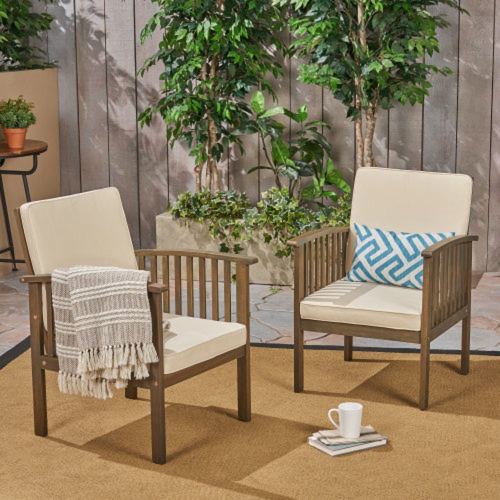 Acacia Wood Outdoor Club Chair Set w/ Side Table, Cream & Gray Cushions