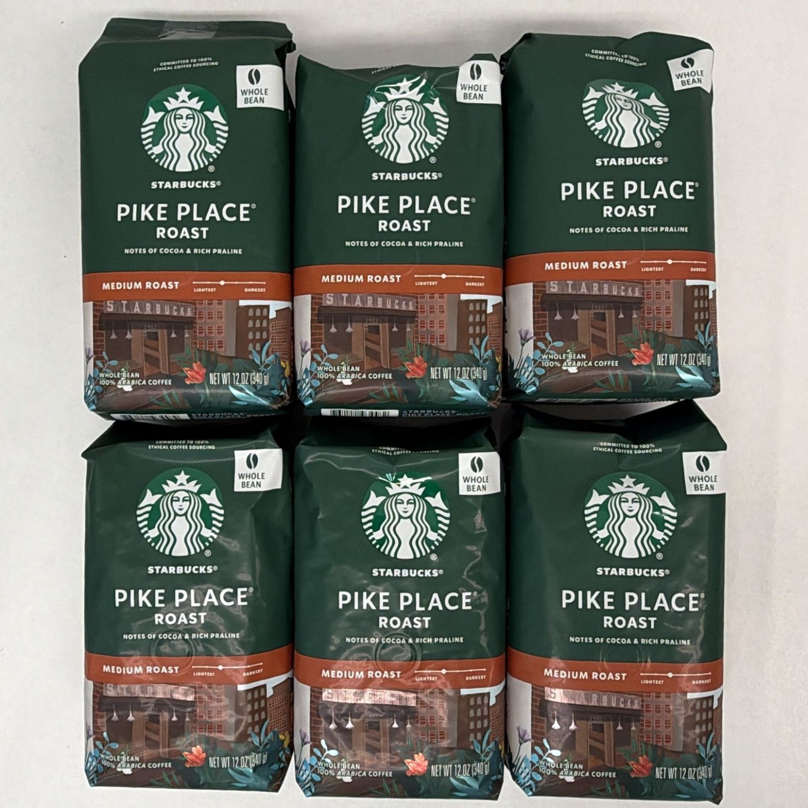 Starbucks Pike Place Roast Whole Bean Coffee 6 Bags 12oz (Old Stock)