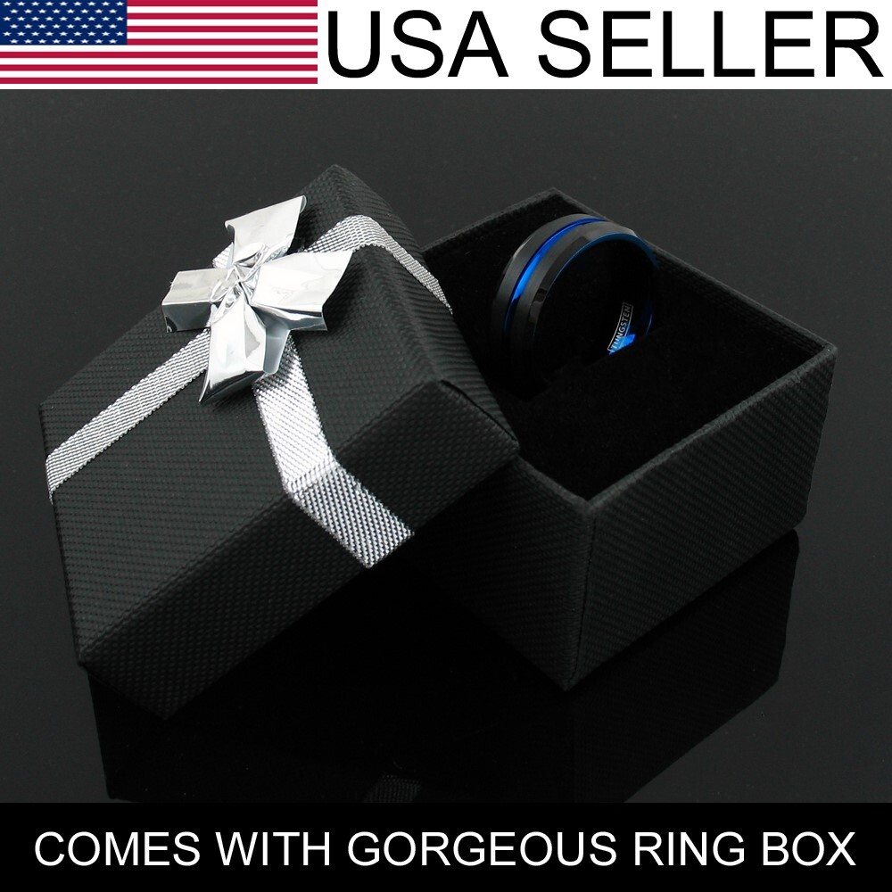 6/8mm Tungsten Carbide Men's Ring Thin Blue Line Black Brushed Wedding Band
