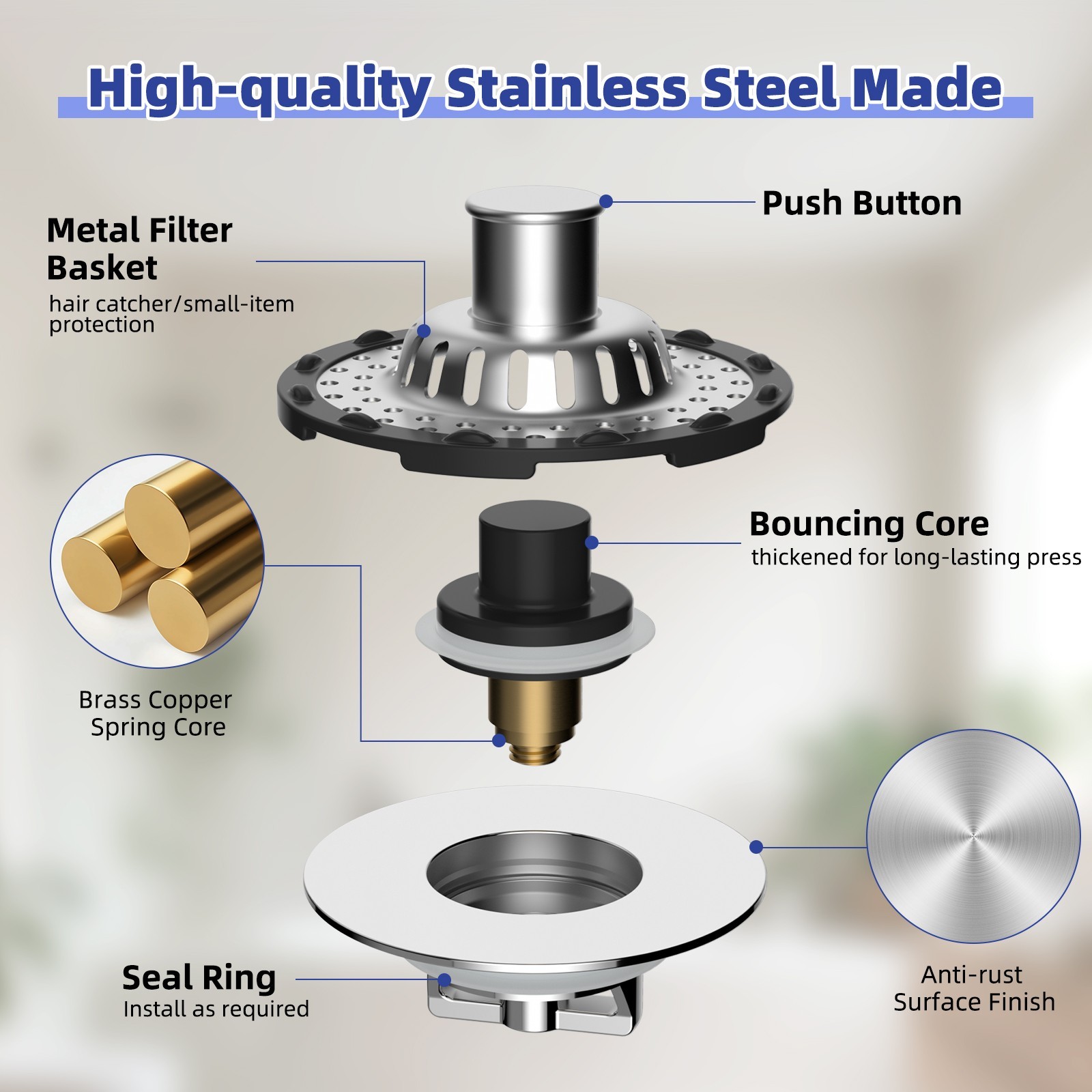 Universal Bathtub Drain Stopper - Pop-Up Hair Catcher for Tub 1.5 to 2.4" Hole