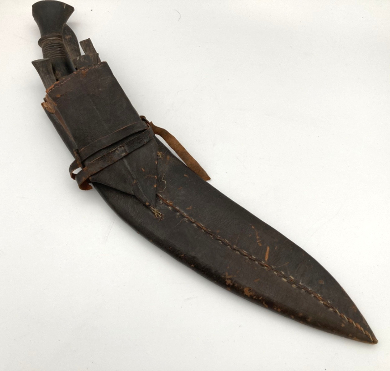 Vintage Kukri Knife Carved Wooden Handle & Leather Sheath Incomplete Set 17.5In