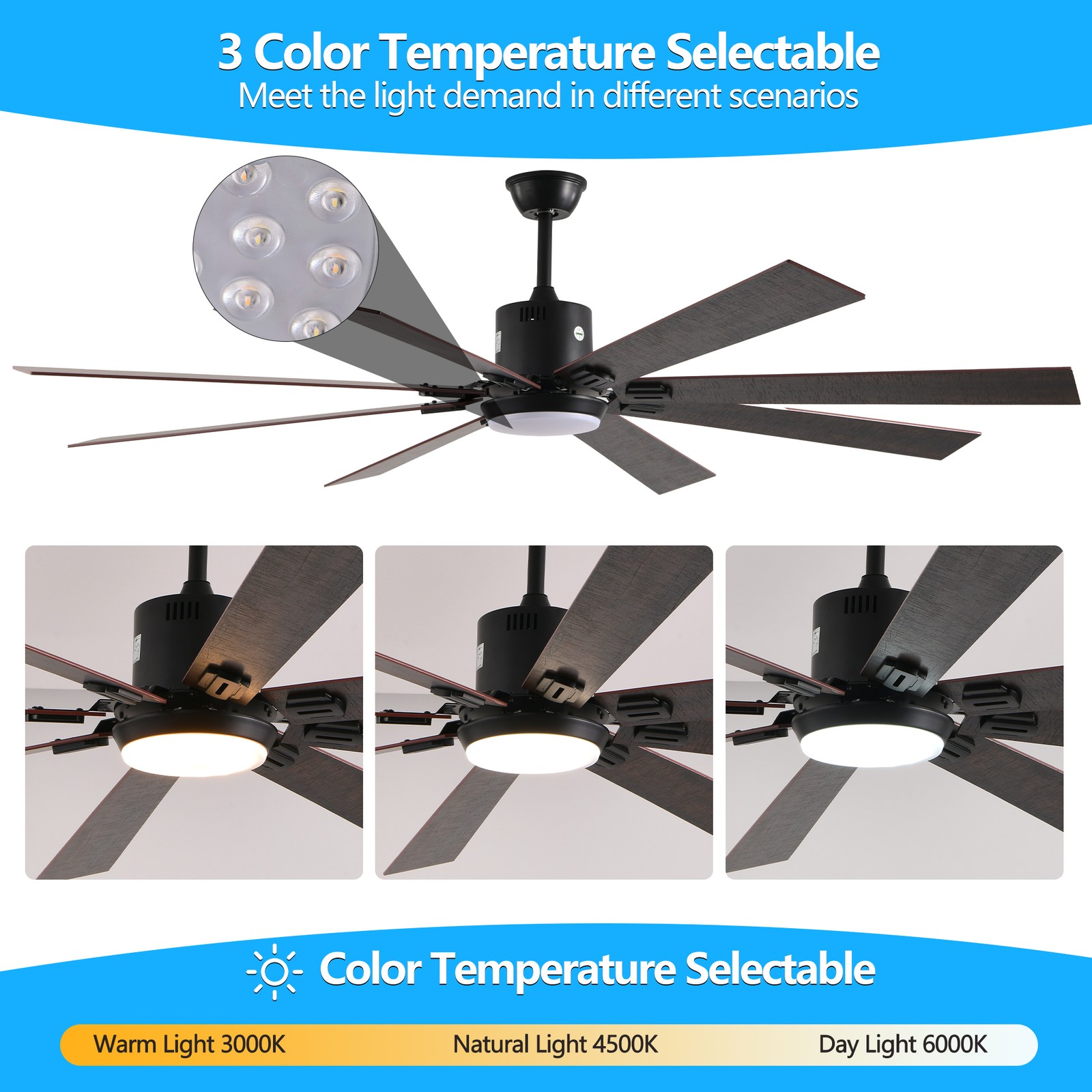 72 in Walnut Black Ceiling Fan with Light, Remote, Reversible Motor