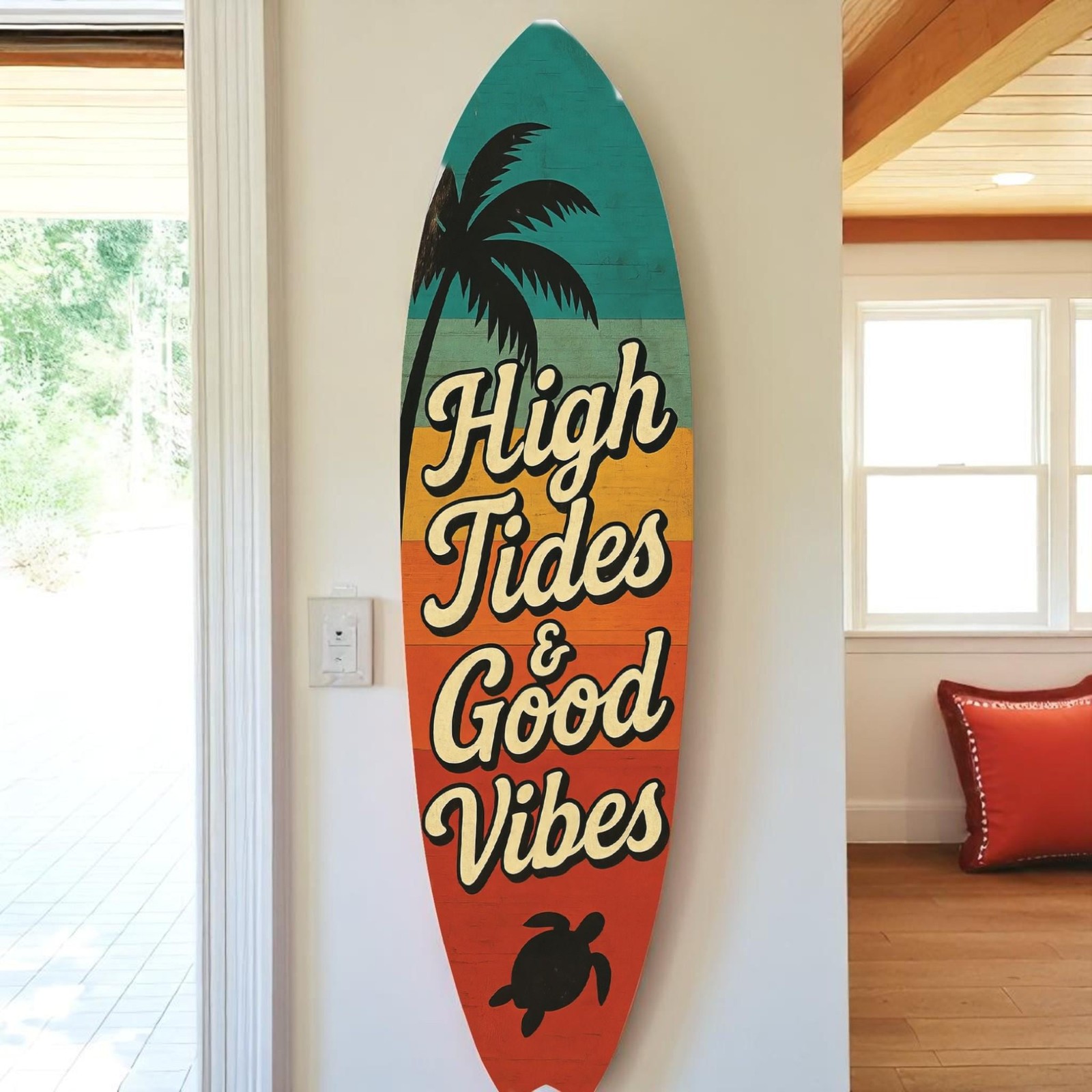 High Tides Good Vibes Surfboard Sign, Coastal Wall Decor, Beach Art, 3 - 5 Feet
