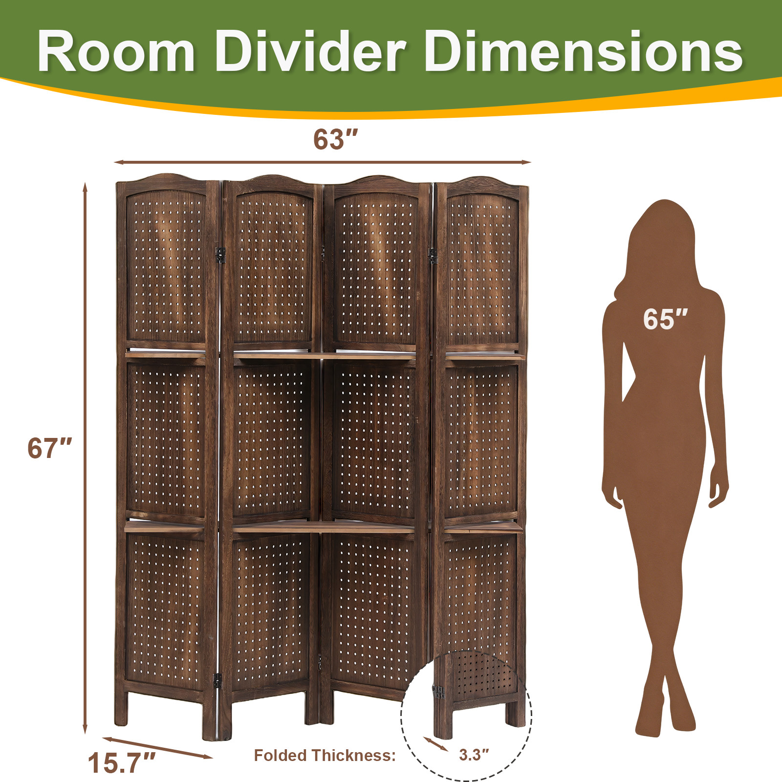 67" H Wood Room Dividers 4 Panel Pegboard Display Folding Privacy Screens Brown