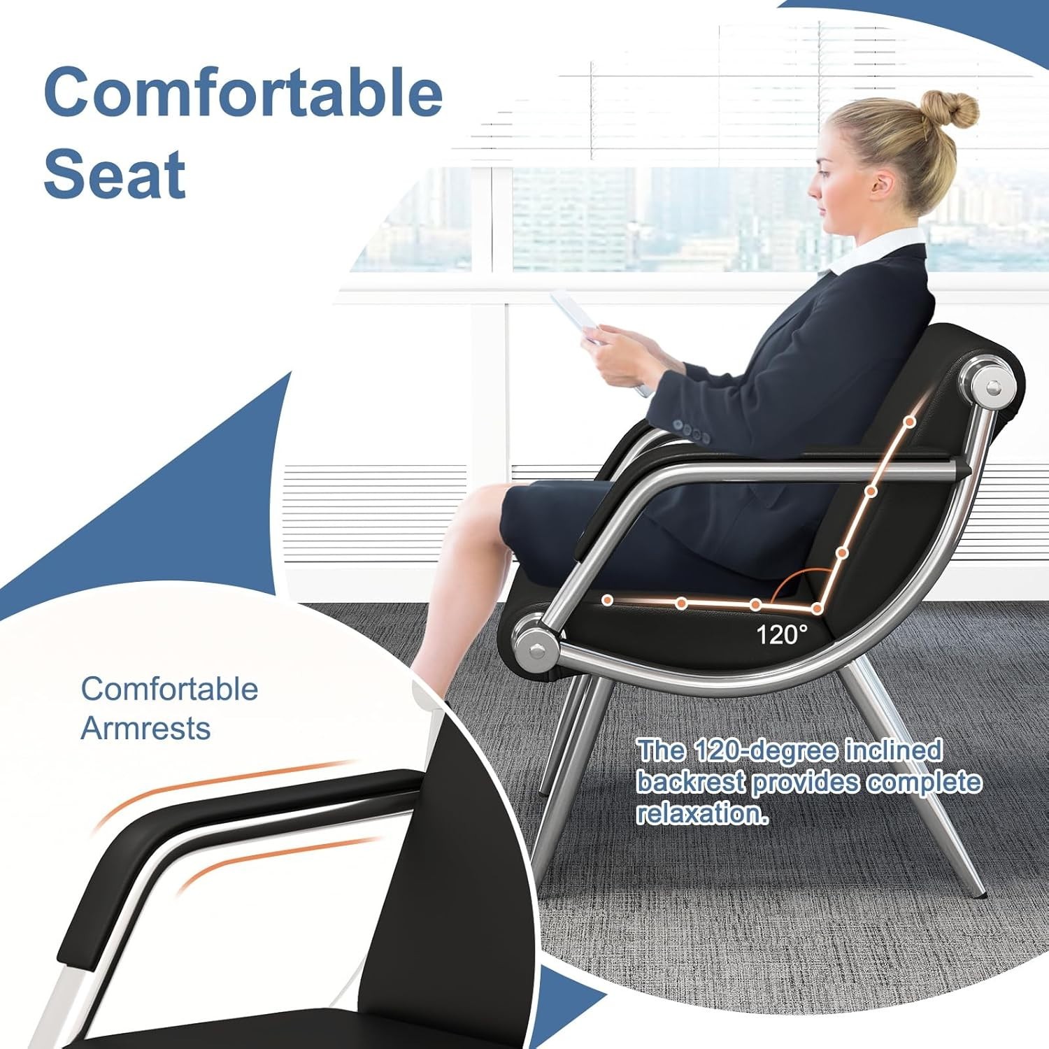 Waiting Room Chairs PU Leather Black Reception Chair Lobby Chairs, Padded Arms