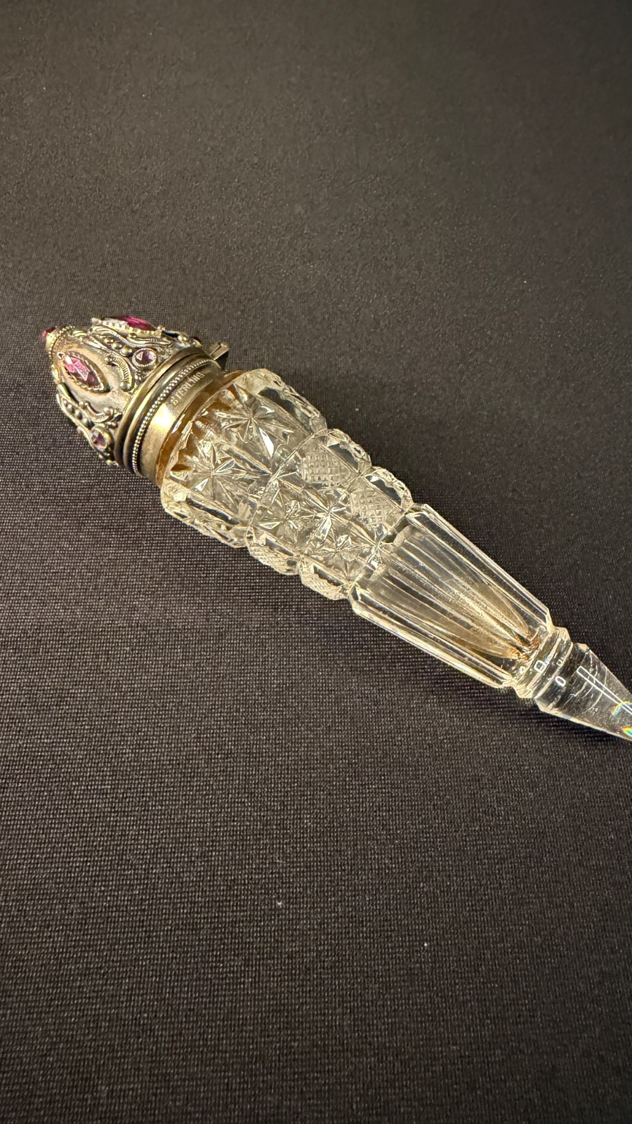 Rare Victorian Sterling with Faceted Amethyst Stones & Cut Cyrstal Scent Bottle