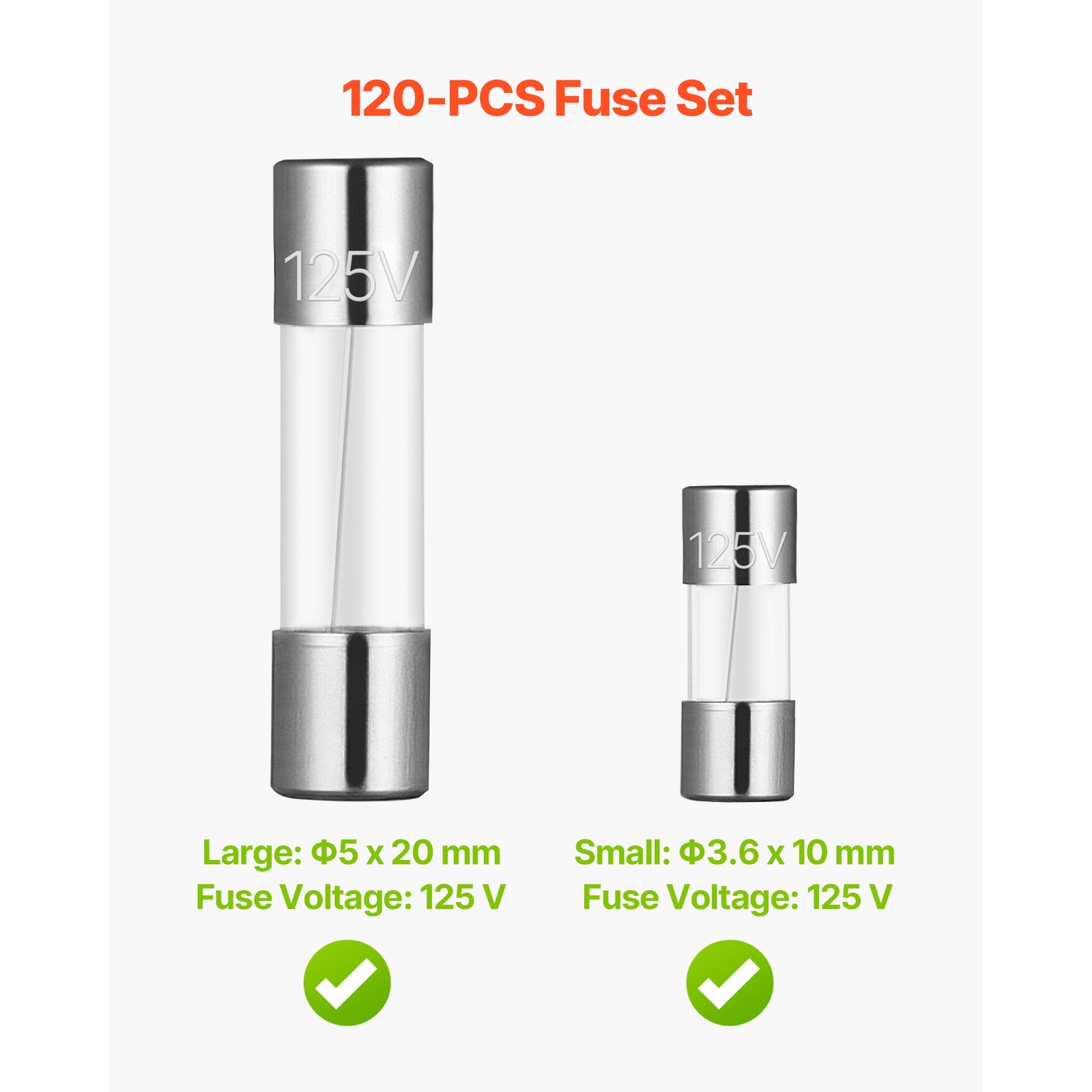 120 Pcs Fast-Blow Glass Fuses Assortment Kit 125V 5 x 20 mm & 3.6 x 10 mm