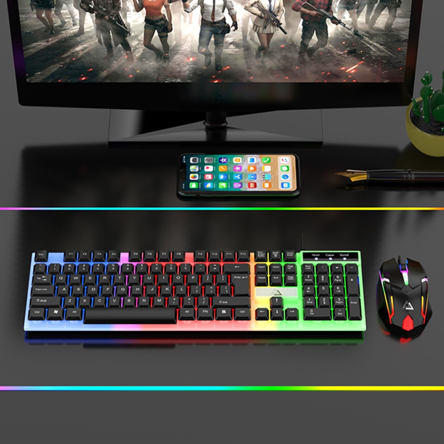 Wired Gaming Keyboard and Mouse Set RGB LED Rainbow Backlit for Computer Desktop