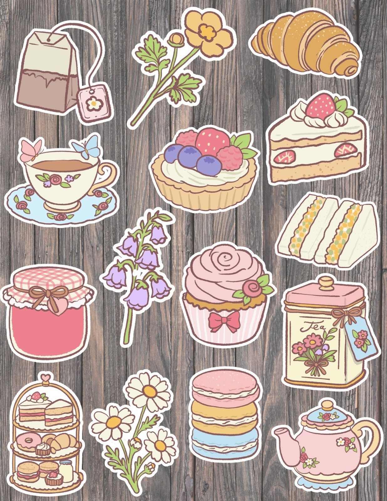 Tea Time Die Cut Vinyl Stickers Set Scrapbooking Laptop Waterbottle