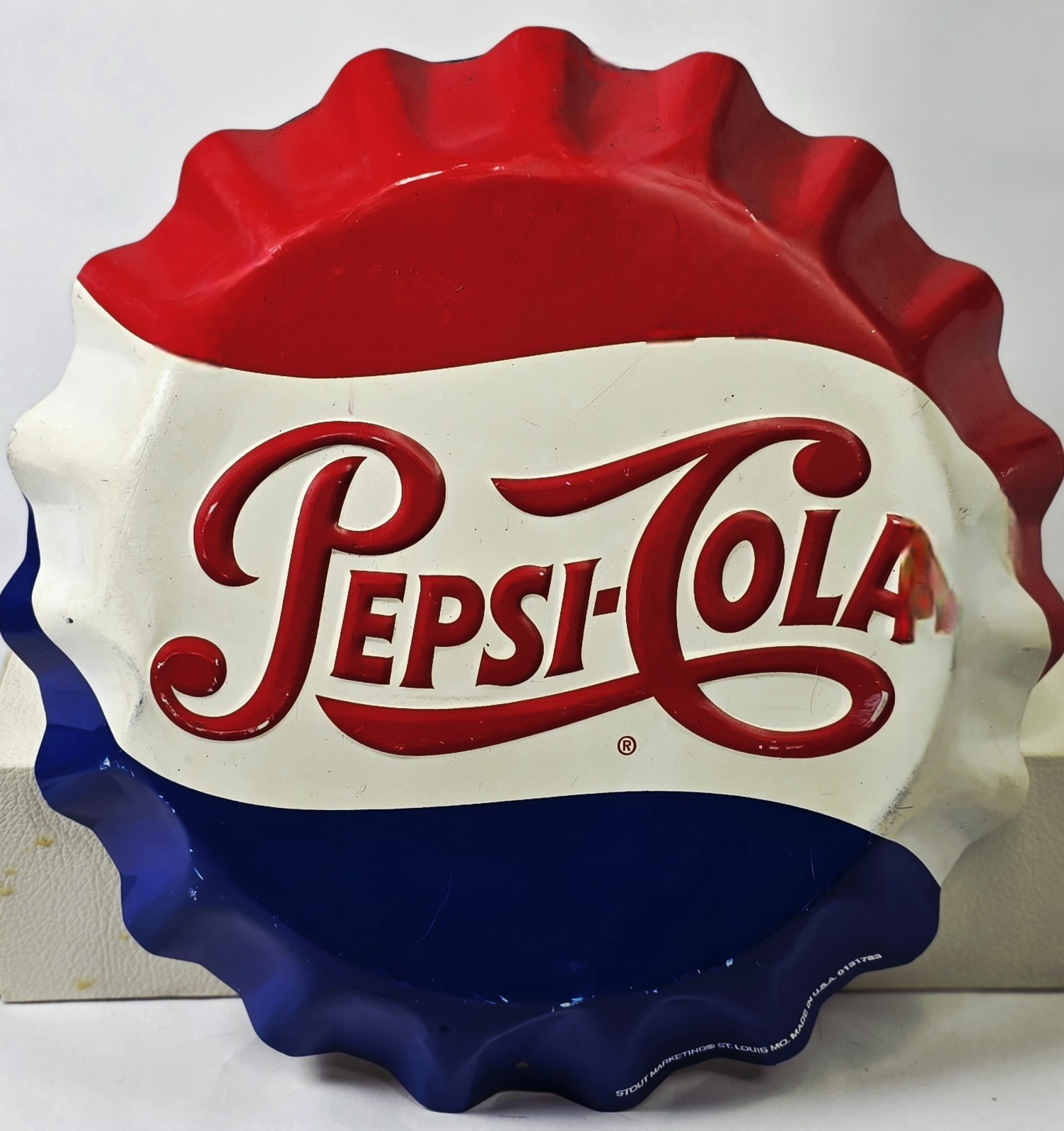 Pepsi-Cola Bottle Cap Sign 11" | Metal Embossed | Stout Marketing St. Louis, Mo.