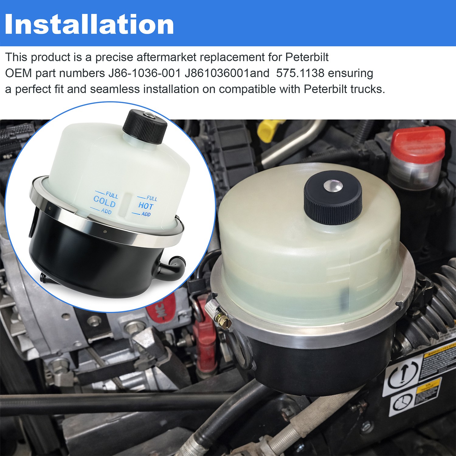 Power Steering Reservoir for Peterbilt Trucks J86-1036-001 J861036001 575.1138