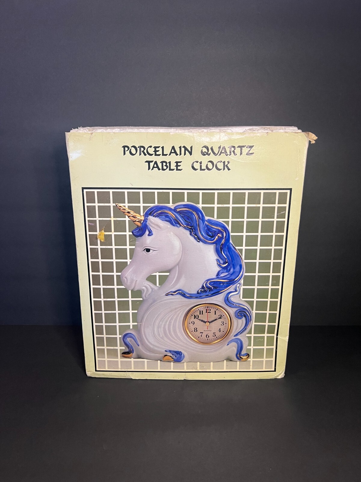 Vintage RARE Hand Painted Porcelain Blue & White Gold Unicorn Quartz Table Clock