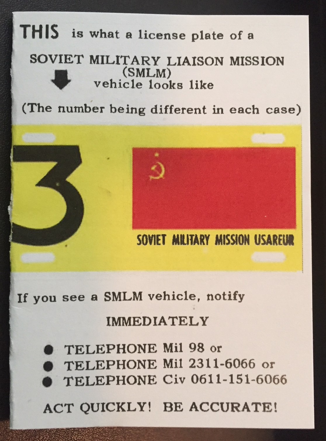 Cold War USAEUR SMLM (Soviet Military Liaison Mission) Card