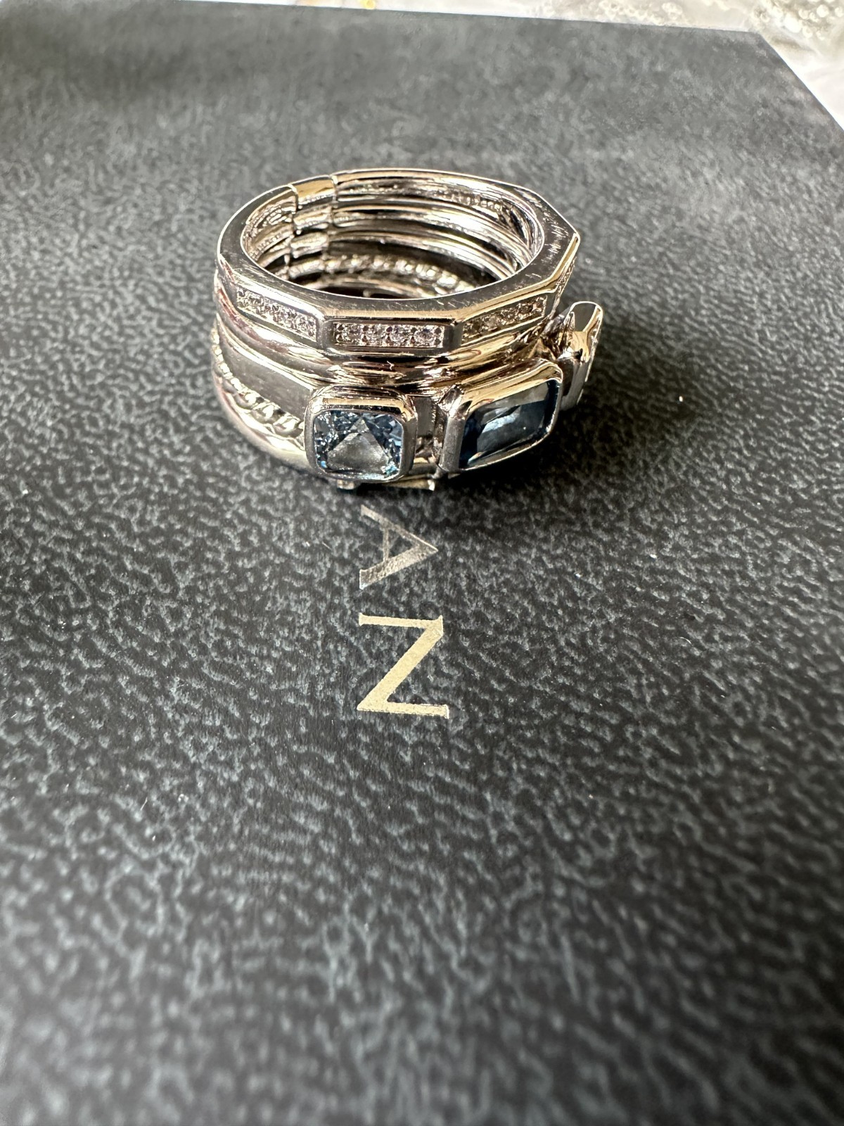 David Yurman Stax Five Row Ring 15mm 925 w/ Hampton Blue Topaz & Diamonds sz 6