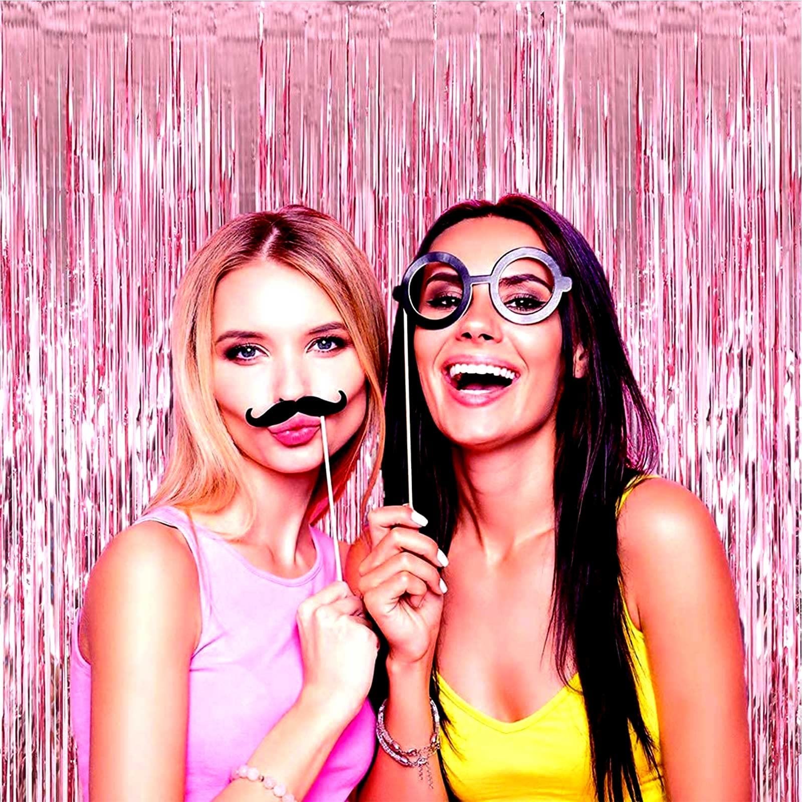 4 Pack Pink Foil Fringe Curtain Backdrop 3.28x8.2 Ft Metallic Tinsel Streamer