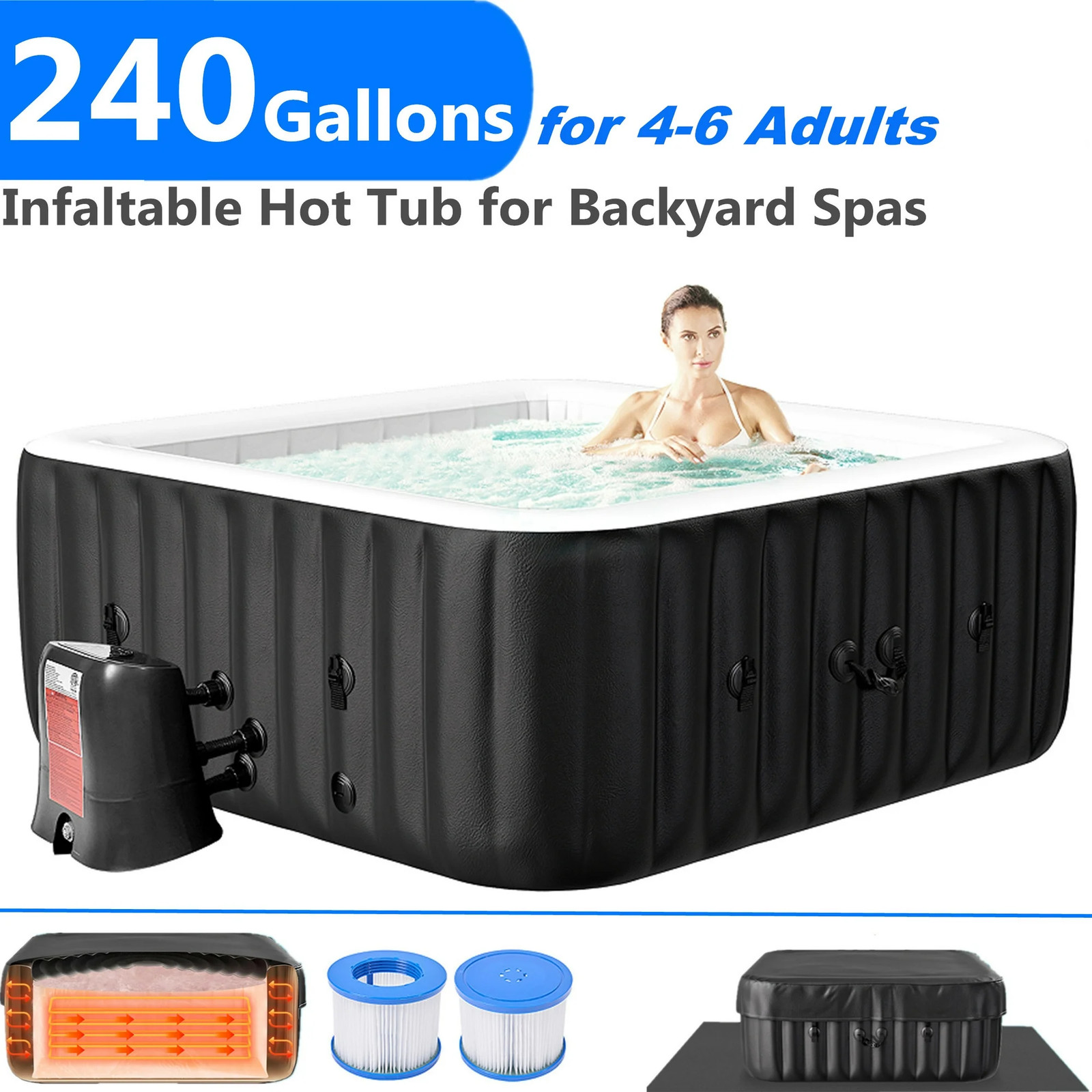 SLSY Square 6 Person Inflatable Hot Tub Spa with 130AirJets and Insulated Cover