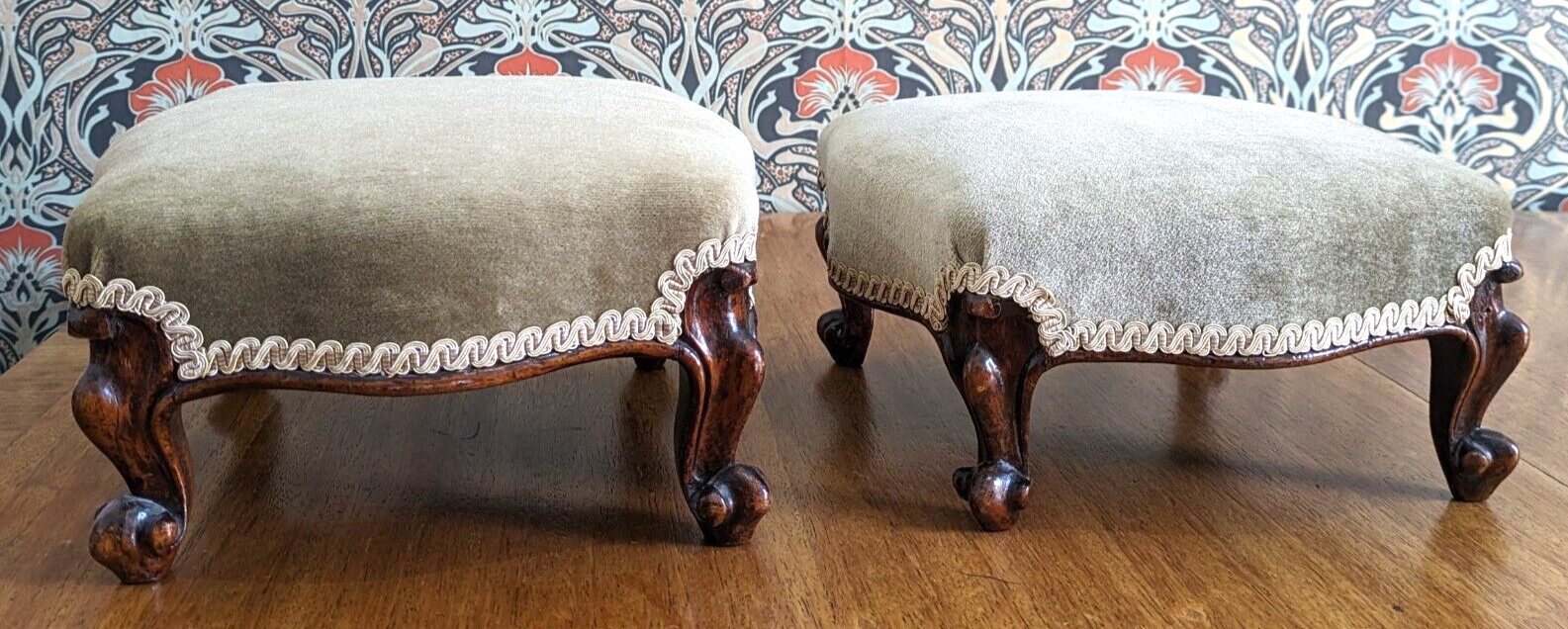 Pair of 19th Century Walnut Wood Cabriole Leg Green Footstools Victorian Antique
