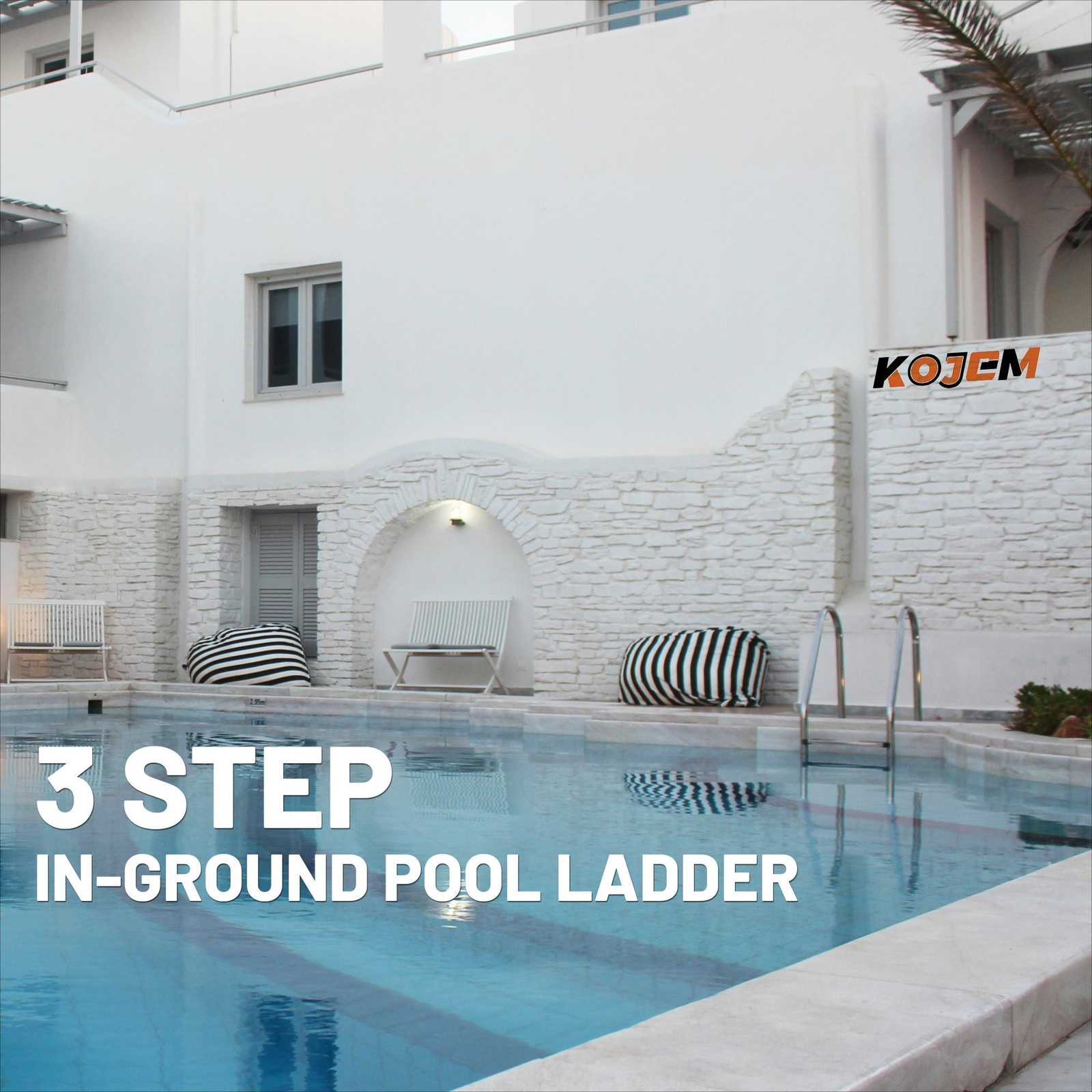 KOJEM Non-Slip 3-Step Stainless Steel Swimming Pool Ladder For In-Ground Pools