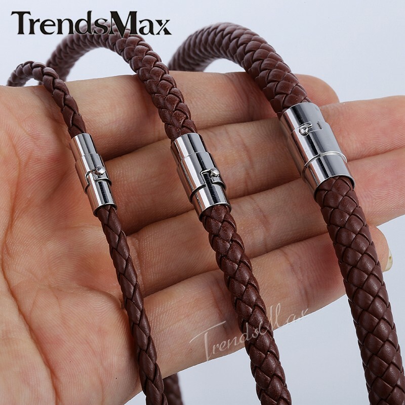 4/6/8MM Brown Braided Cord Rope Man-made Leather Necklace Gift w/ Magnetic Clasp
