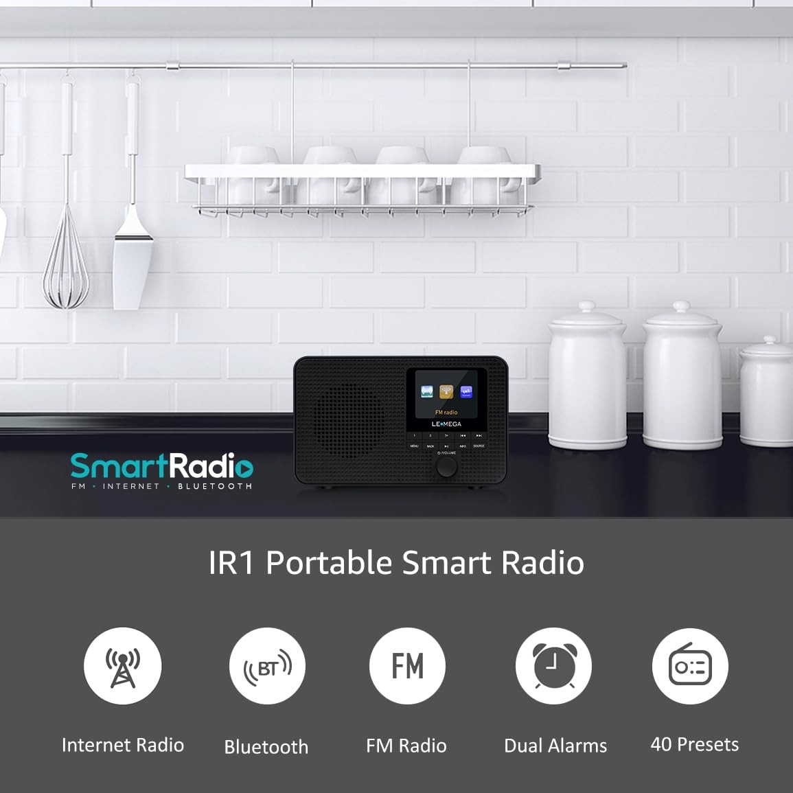 LEMEGA IR1 Portable WiFi Internet Radio,FM Digital Radio,Bluetooth Black