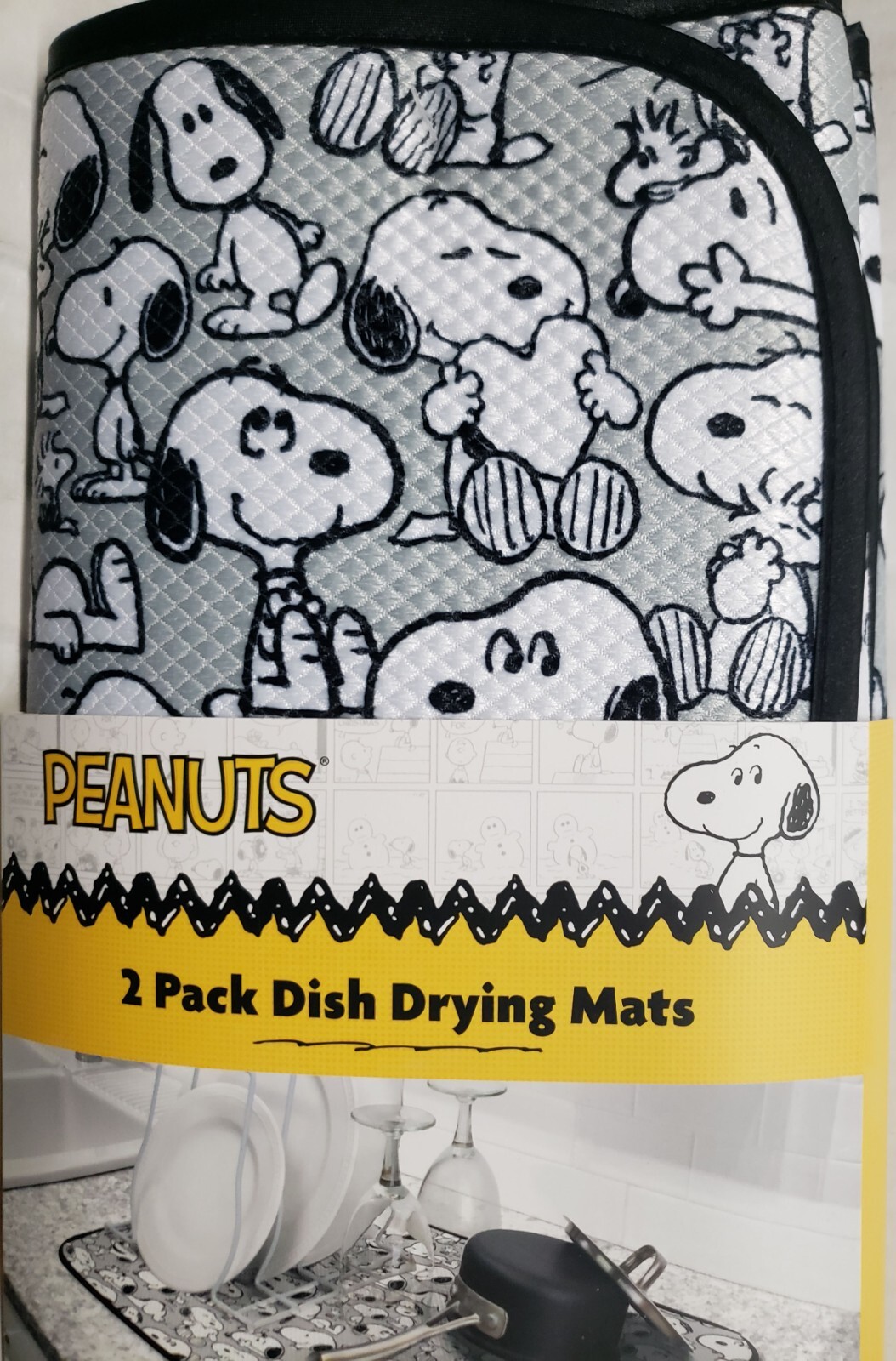 Microfiber Dish Drying Mat(16"x18") PEANUTS BLACK & WHITE SNOOPY DOGS ON GREY,BB