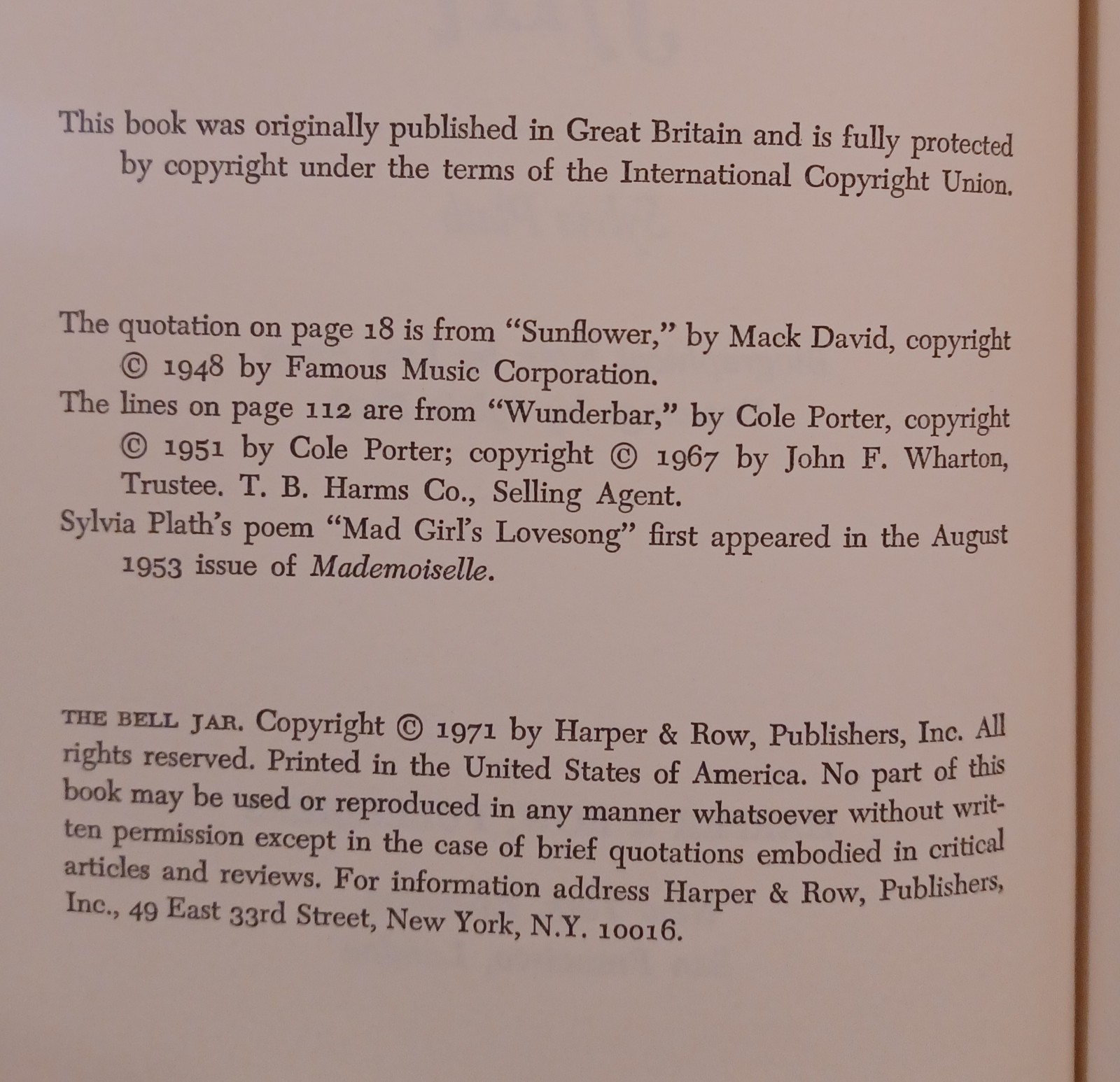 Sylvia Plath, The Bell Jar. First Hardcover Edition. BCE.