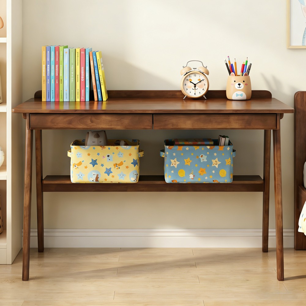 Solid Wood Writing Desk, Mid-Century Modern with 2 Drawers & Shelf