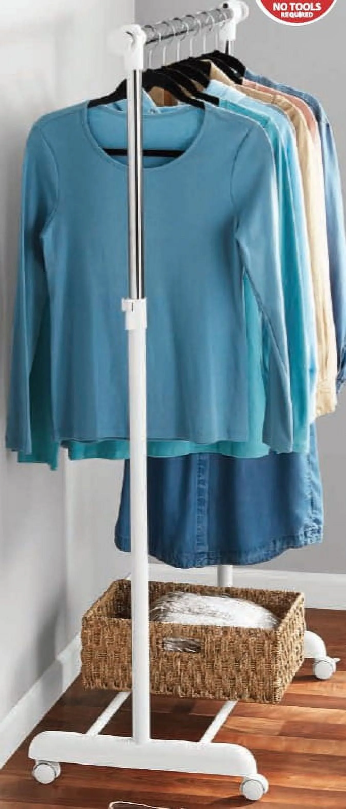 Heavy Clothes Hanger Adjustable Height Rolling Garment Rack Metal Chrome White