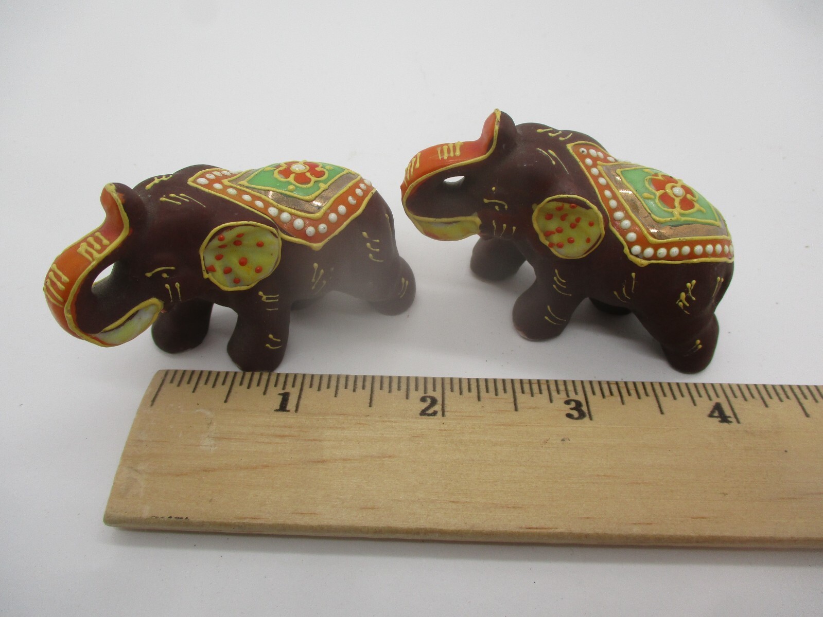 2 Small Brown Ceramic Elephants Ornately Decorated