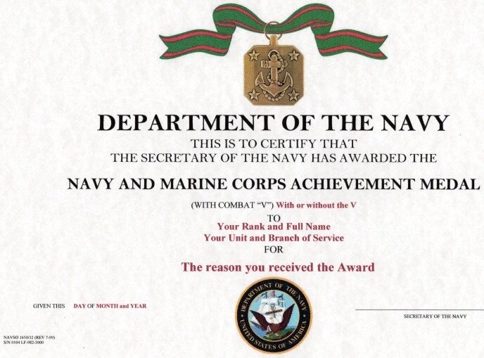 Navy and Marine Corps Achievement medal certificate