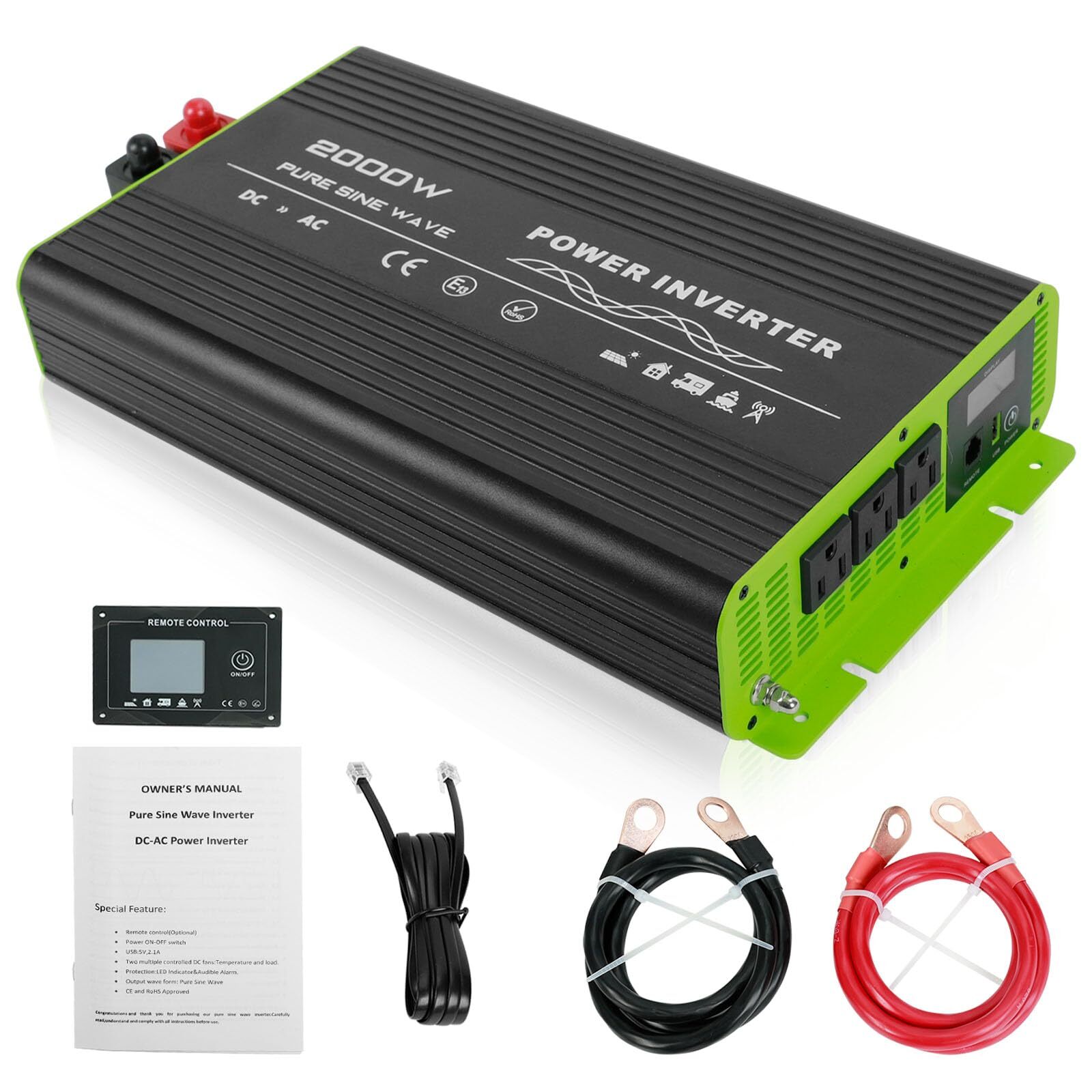 for RV Camper 2000W Pure Sine Wave Inverter 12V DC to 110V AC Converter