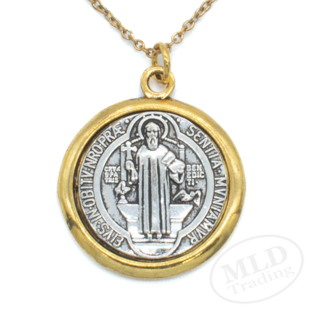 Saint St Benedict Medal Pendant Necklace: Silver w/ Gold Border, 1", 18" Chain