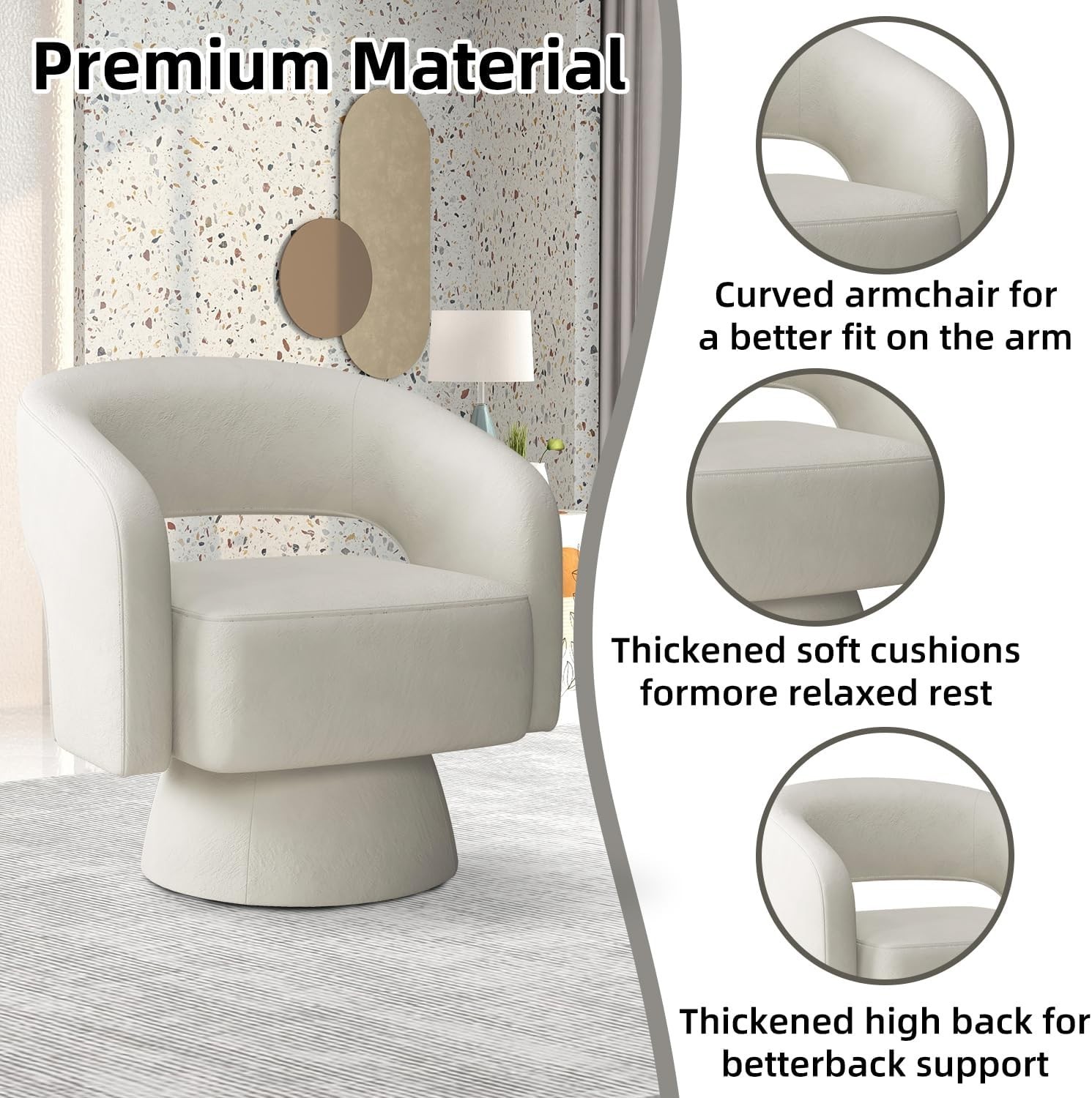 EBELLO Swivel Barrel Chair, Velvet Fabric Swivel Accent Chair with Soft Cushion