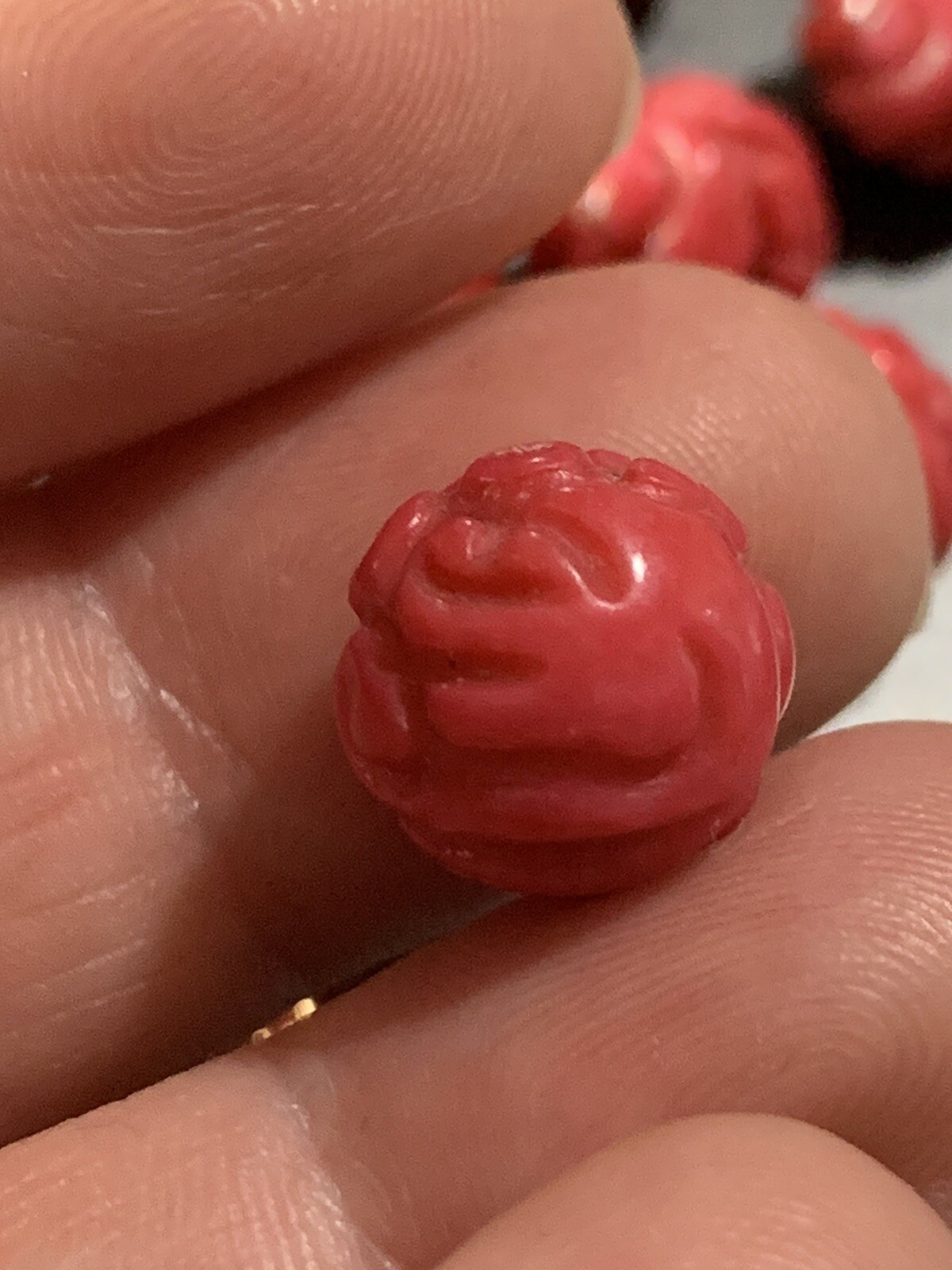 ONE Vintage Carved Chinese Bead Natural Coral Curling Dragon Round 10mm - 11mm