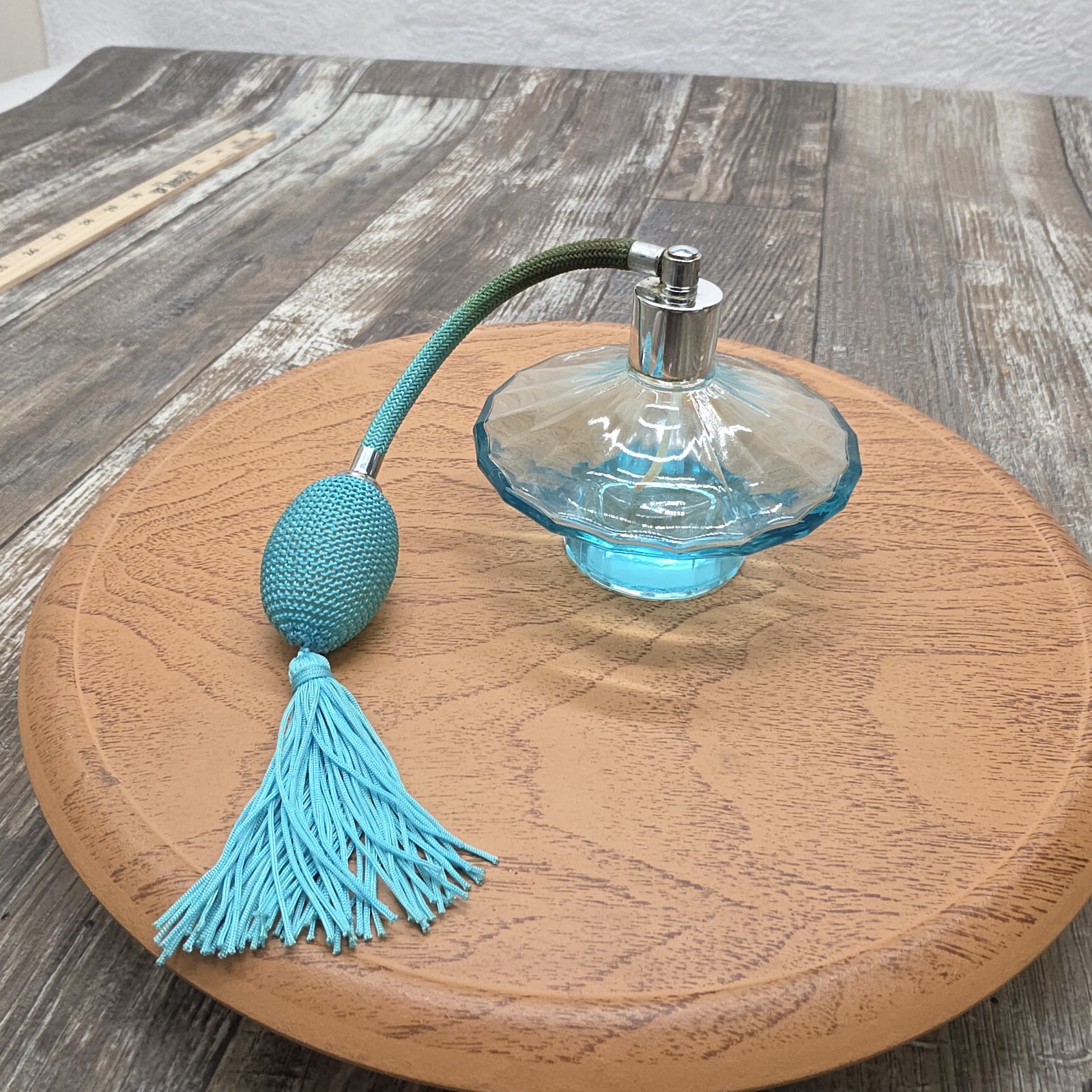 Vintage  4" Diameter Blue Perfume Bottle Atomizer With Tassle Glamor Era