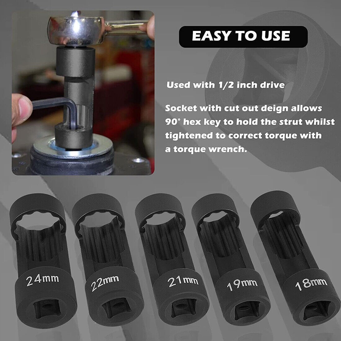 1/2" Drive Suspension Shock Tool Strut Nut Socket Set 18mm 19mm 21mm 22mm 24mm