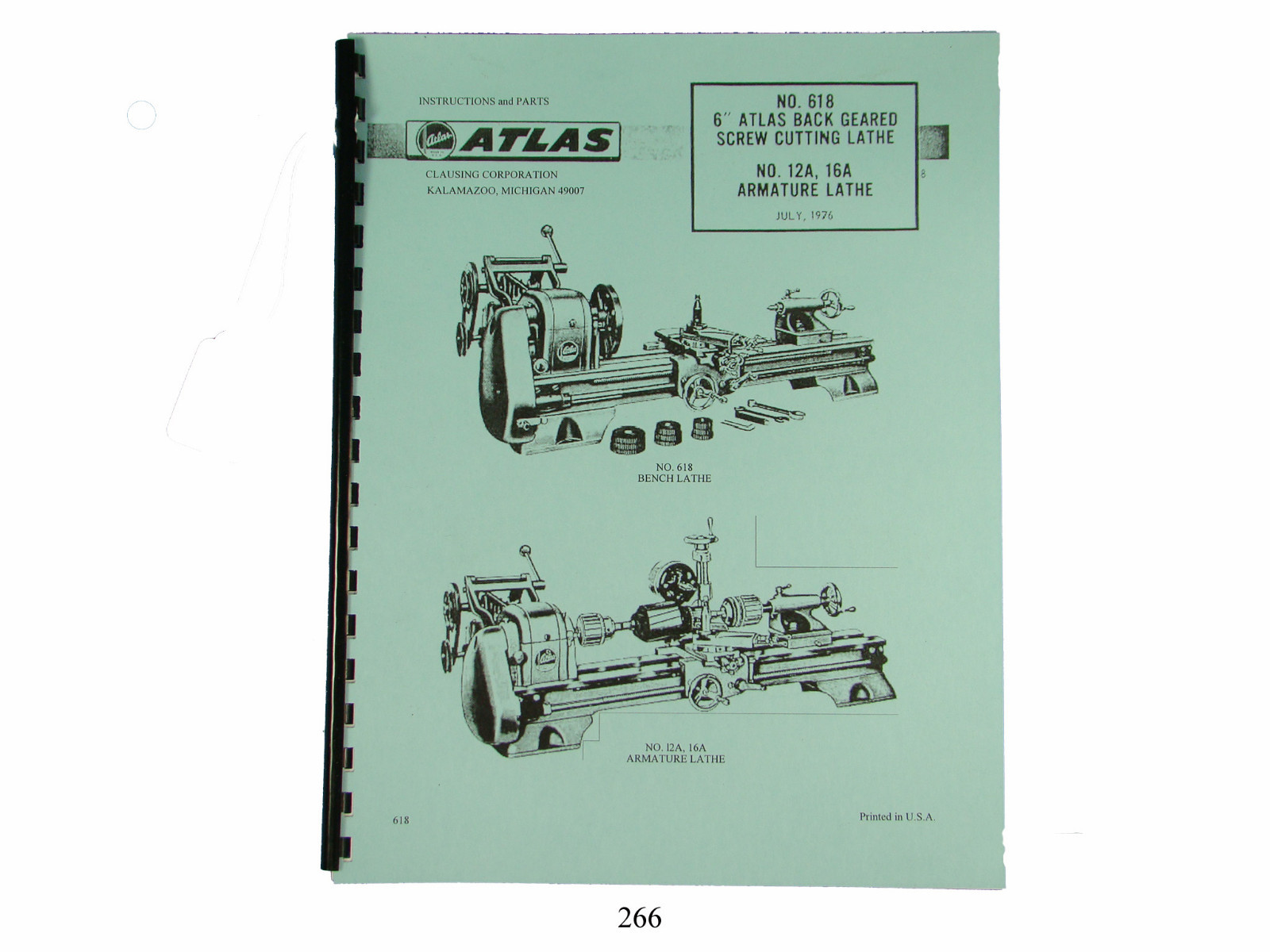 Atlas Lathe 618 & No. 12A, 16A Armature Lathe Instruction & Parts Manual   *266