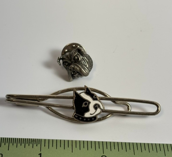 Vintage Tie Bar Clip Enamel Pit Bull with Spiked Collar Bulldog Pin Silver Tone
