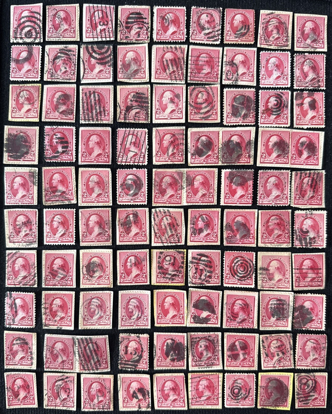 1890-93 US 10 Random 2c Washington Stamps W/Fancy Cancel Used, SC#220 (CV $7)