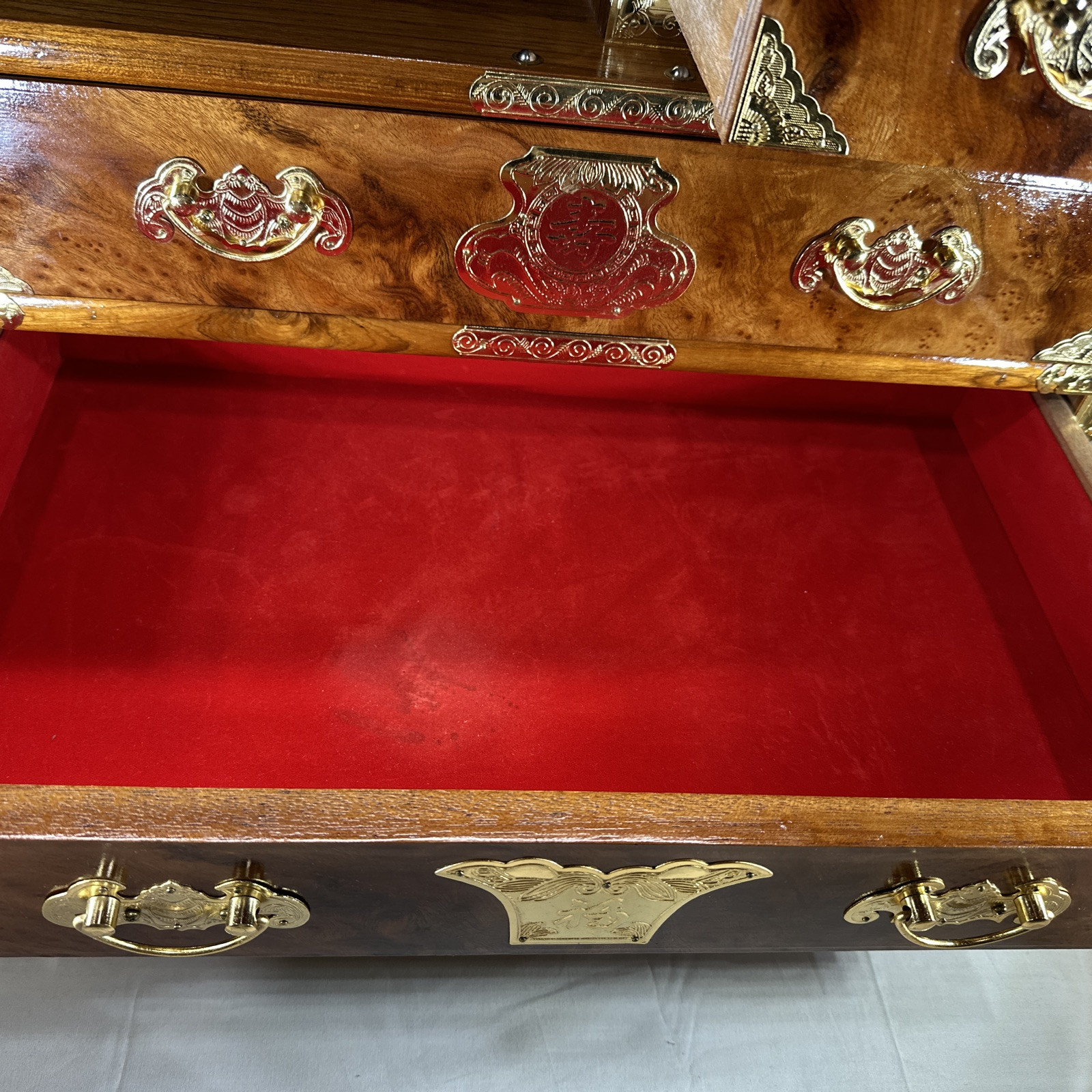 Vintage Asian Burl Wood and Brass Tansu Chest Mid Century 1970's Elegant