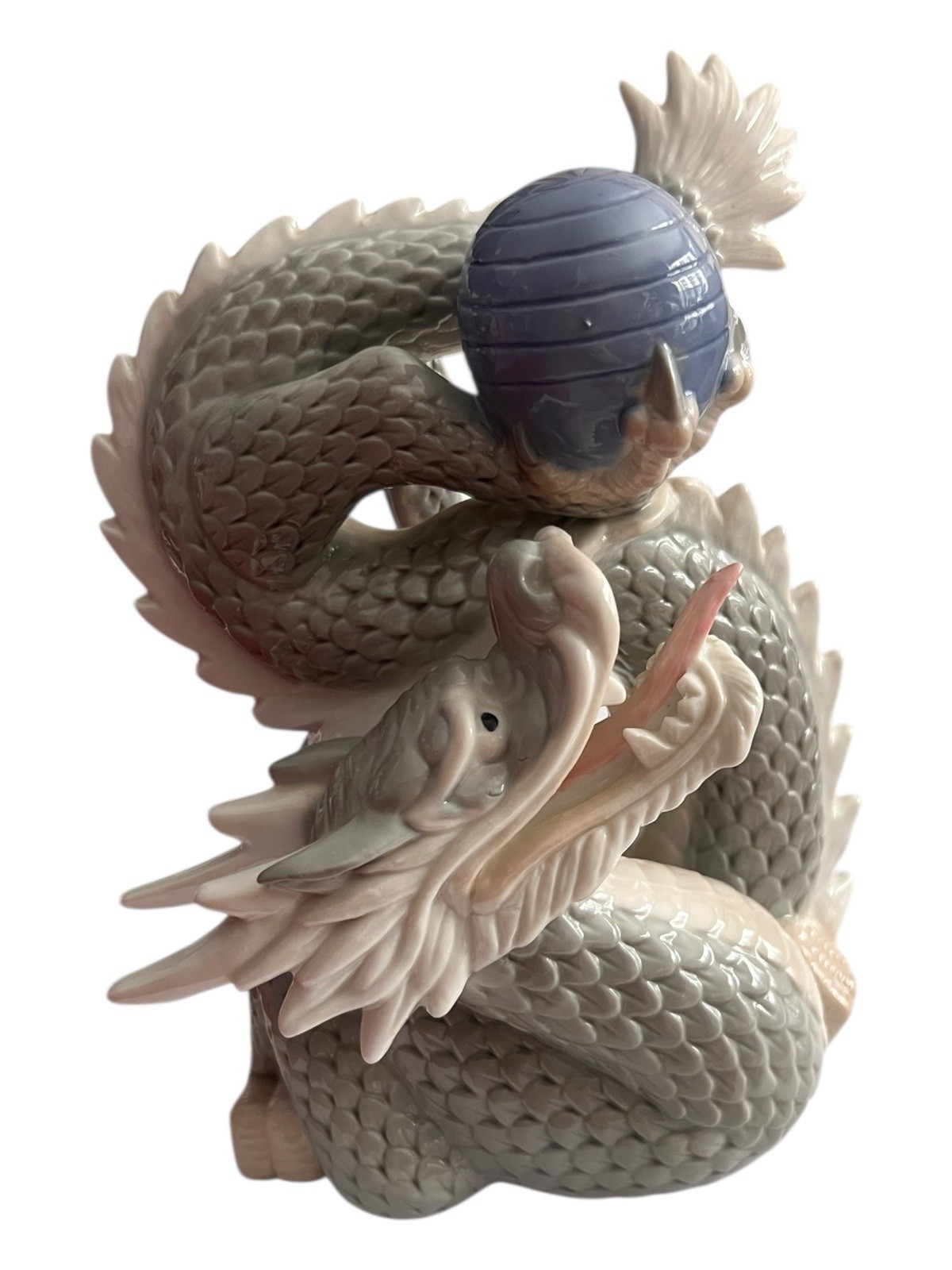 Dragon Yoshimi K Foo Porcelain Figurine w/Ball Japan 8”T 5.5”L Vintage Blue/Gray
