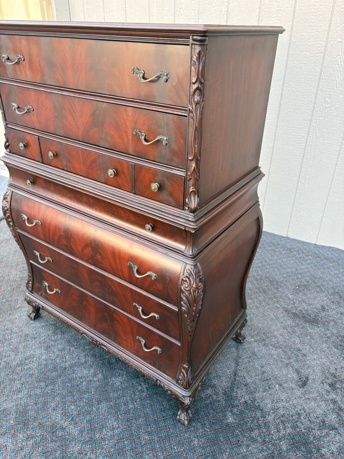 67492 Flame Mahogany Carved High Chest with Ornate Detailing