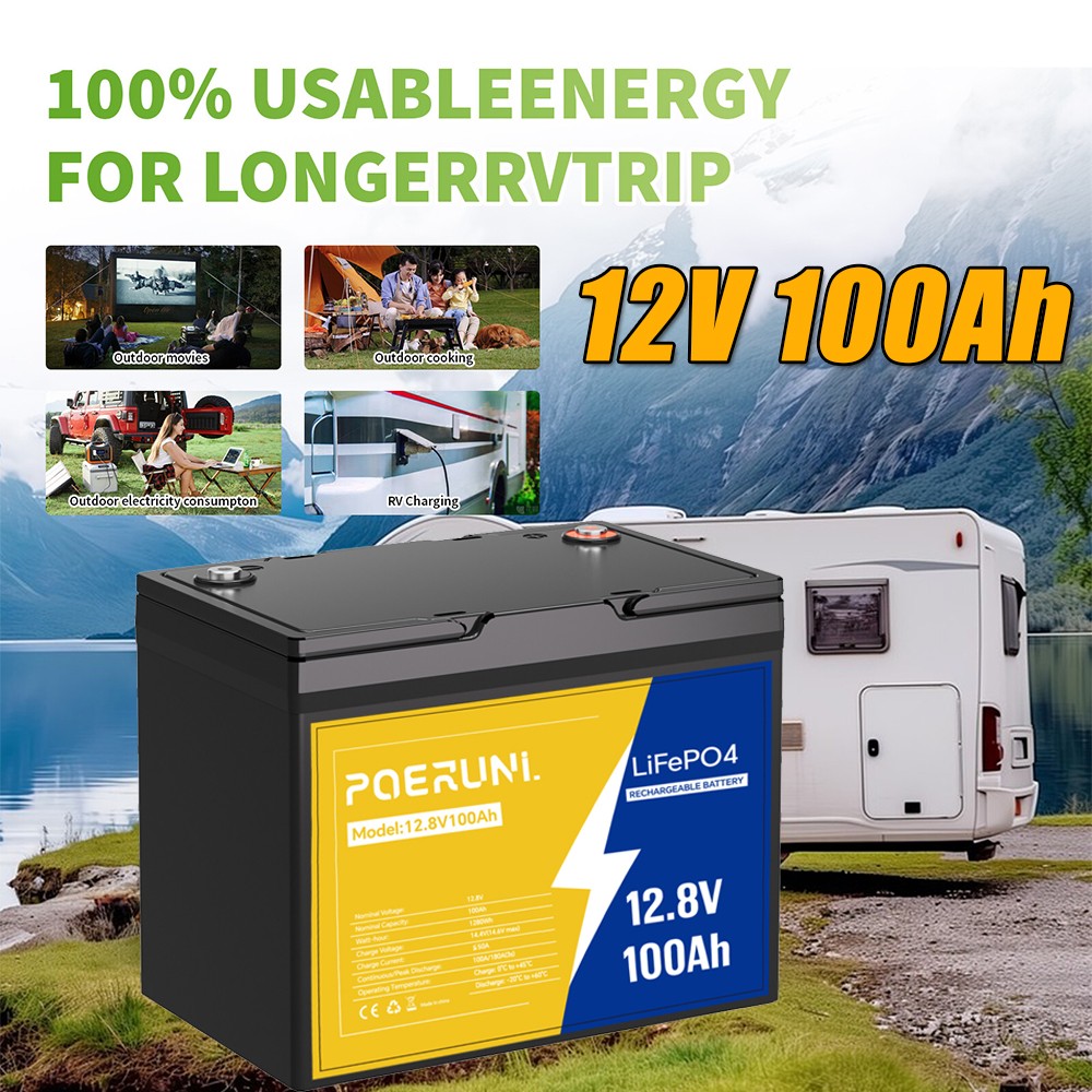 POERUNI 12V 100Ah Lithium LiFePO4 Battery 8000+ Deep Cycle for Solar RV Marine