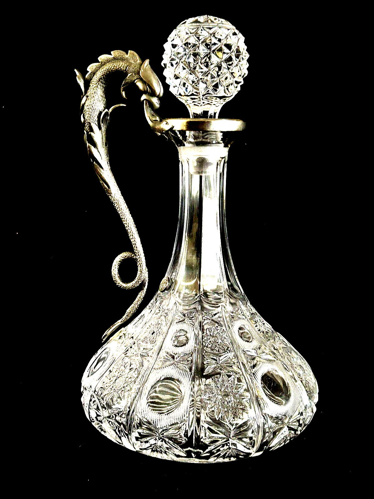 Glass Crystal Decanter Dragon Handle 11.5" Tall Italy