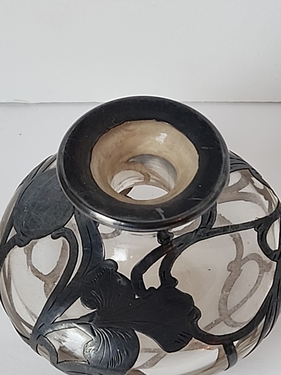 Antique Sterling Silver Overlay Art Nouveau Perfume Bottle Iris Flower READ