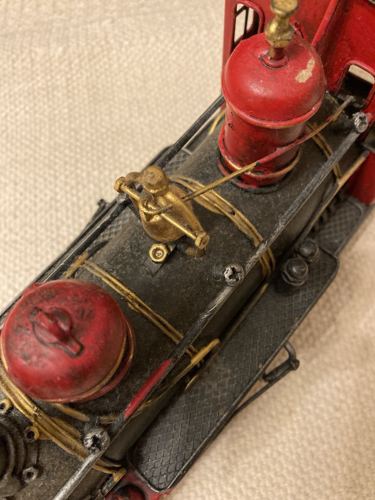 Vtg Decorative Metal Steam Locomotive Model Train Engine Red Black Gold On Base