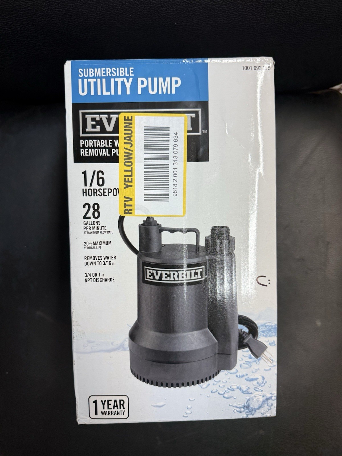Everbilt 1/6 HP Plastic Submersible Utility Pump NEW OPEN BOX
